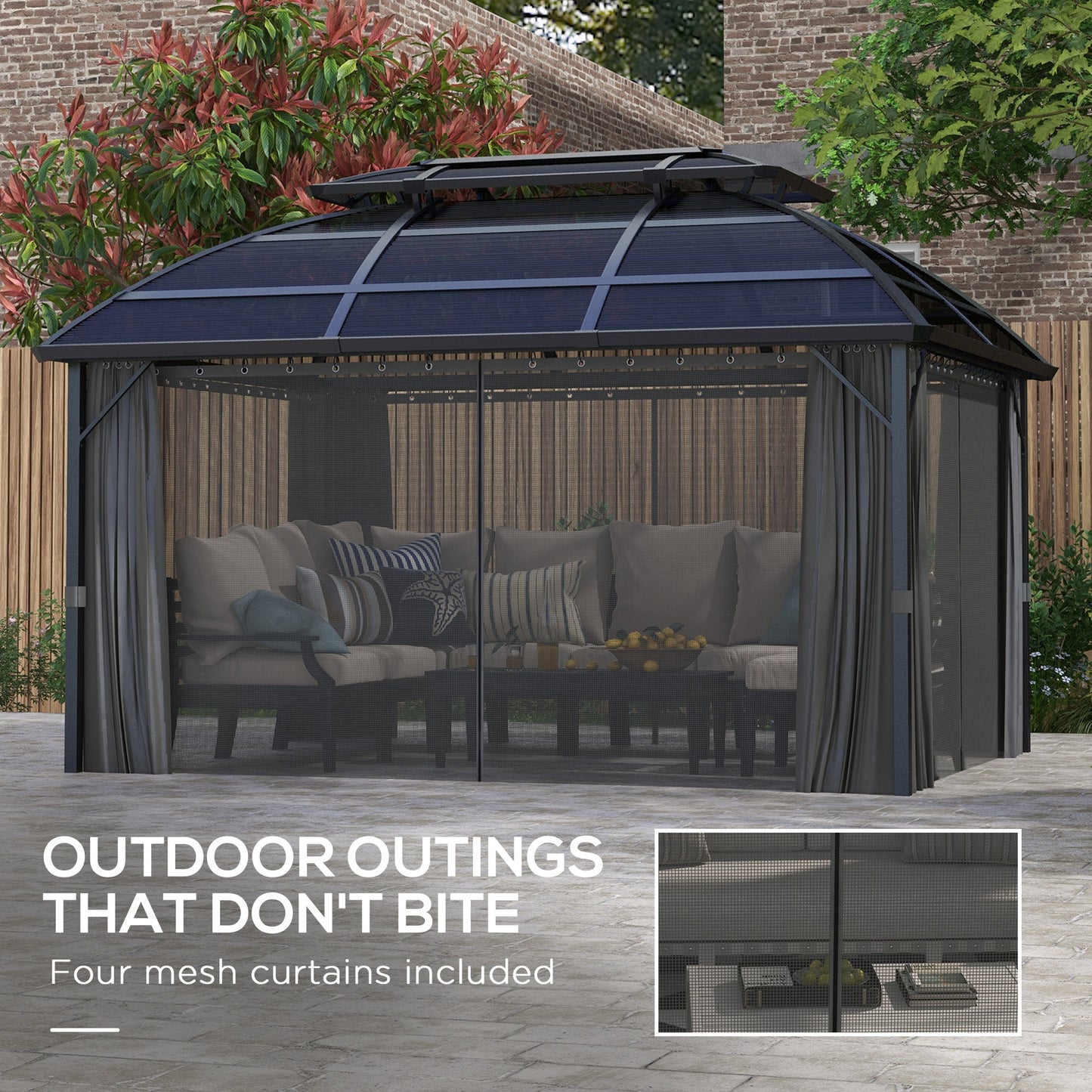 4 x 3(m) Polycarbonate Gazebo Outdoor, Hardtop Garden Patio Gazebo with Curtains, Nettings, Double Roof, Aluminium Frame for Lawn, Yard, Patio, Deck, Black