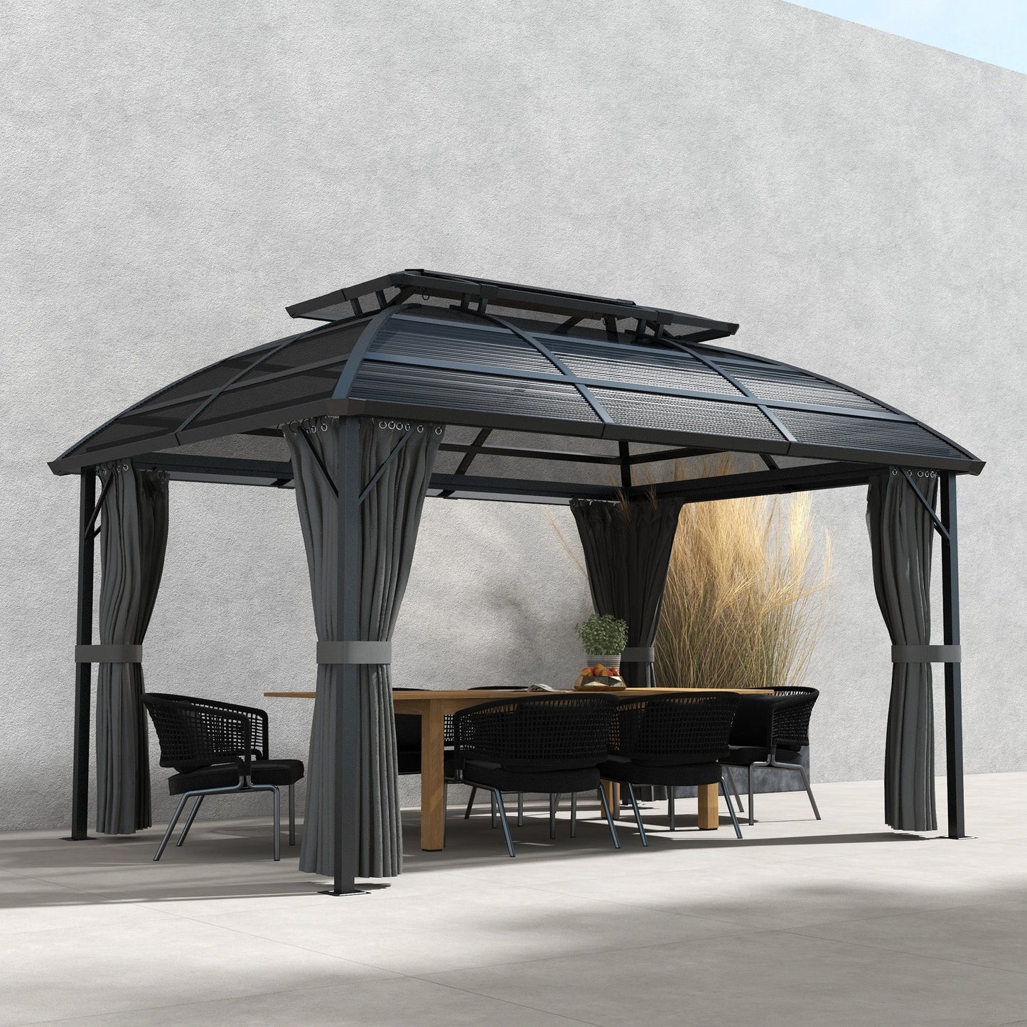 4 x 3(m) Polycarbonate Gazebo Outdoor, Hardtop Garden Patio Gazebo with Curtains, Nettings, Double Roof, Aluminium Frame for Lawn, Yard, Patio, Deck, Black