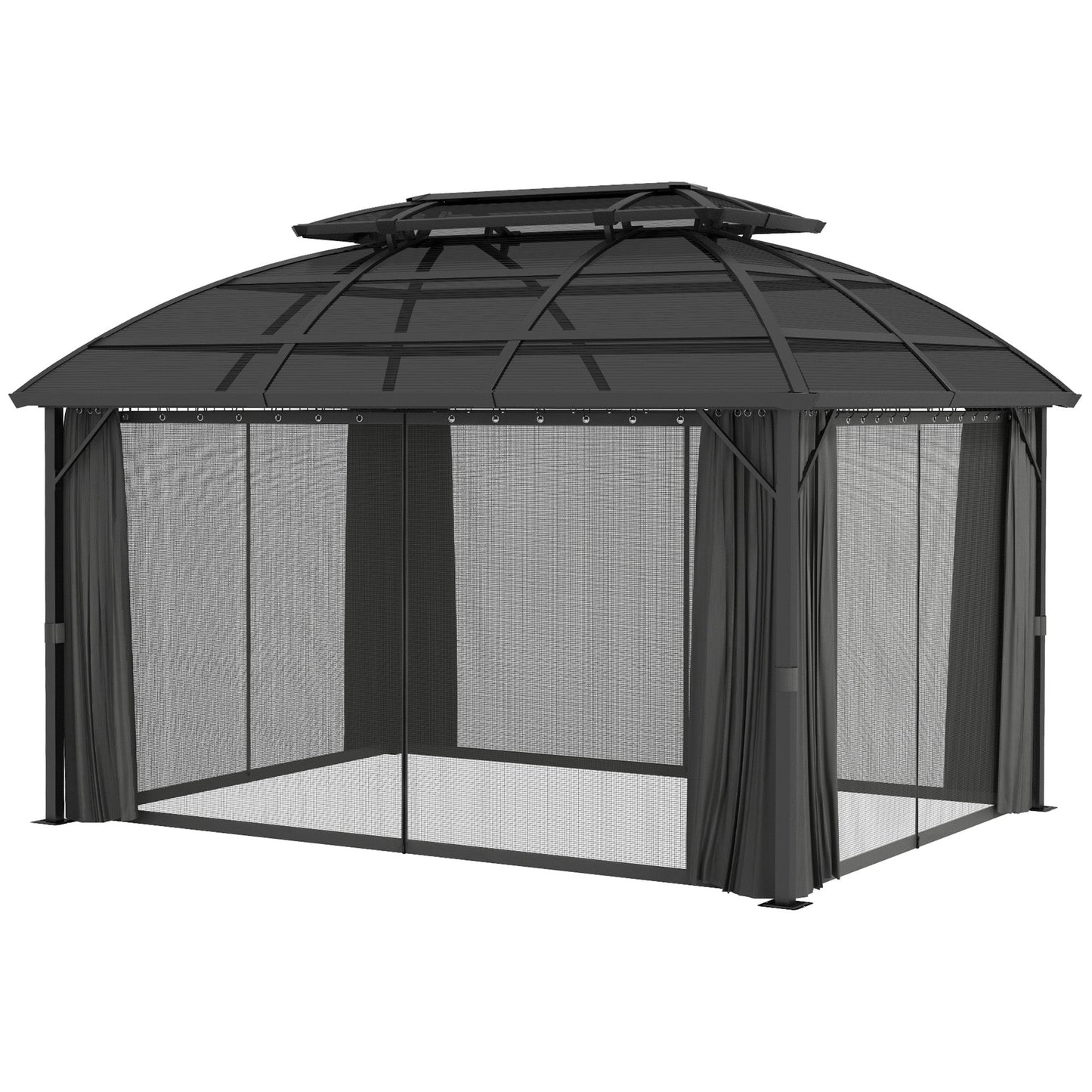 4 x 3(m) Polycarbonate Gazebo Outdoor, Hardtop Garden Patio Gazebo with Curtains, Nettings, Double Roof, Aluminium Frame for Lawn, Yard, Patio, Deck, Black