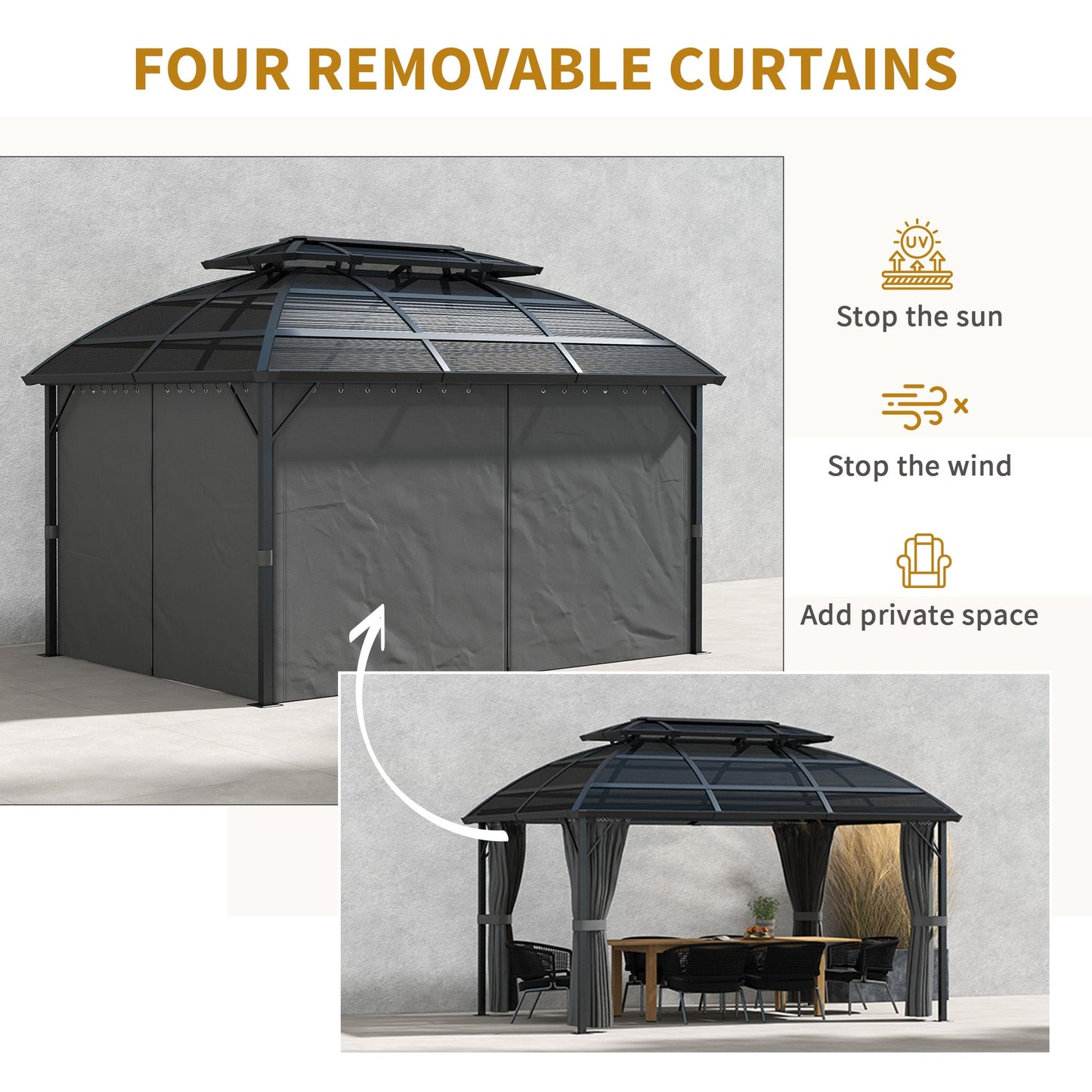 4 x 3(m) Polycarbonate Gazebo Outdoor, Hardtop Garden Patio Gazebo with Curtains, Nettings, Double Roof, Aluminium Frame for Lawn, Yard, Patio, Deck, Black