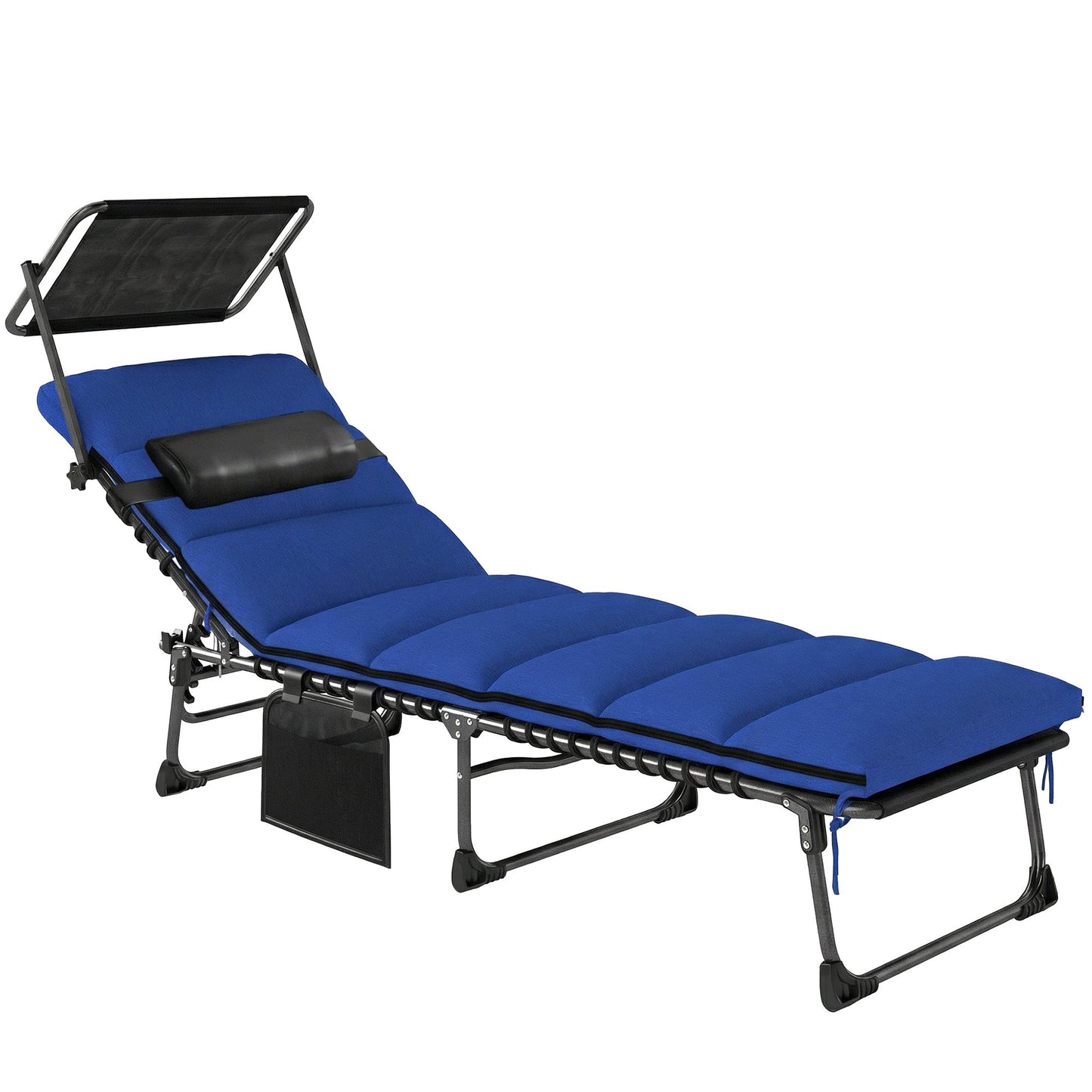 Folding Sun Lounger with Canopy, 5-Position Reclining Garden Lounger, Side Pocket, Headrest, Cushion, Portable Recliner Sunbed with Carry Handle for Camping Beach Patio, Dark Blue