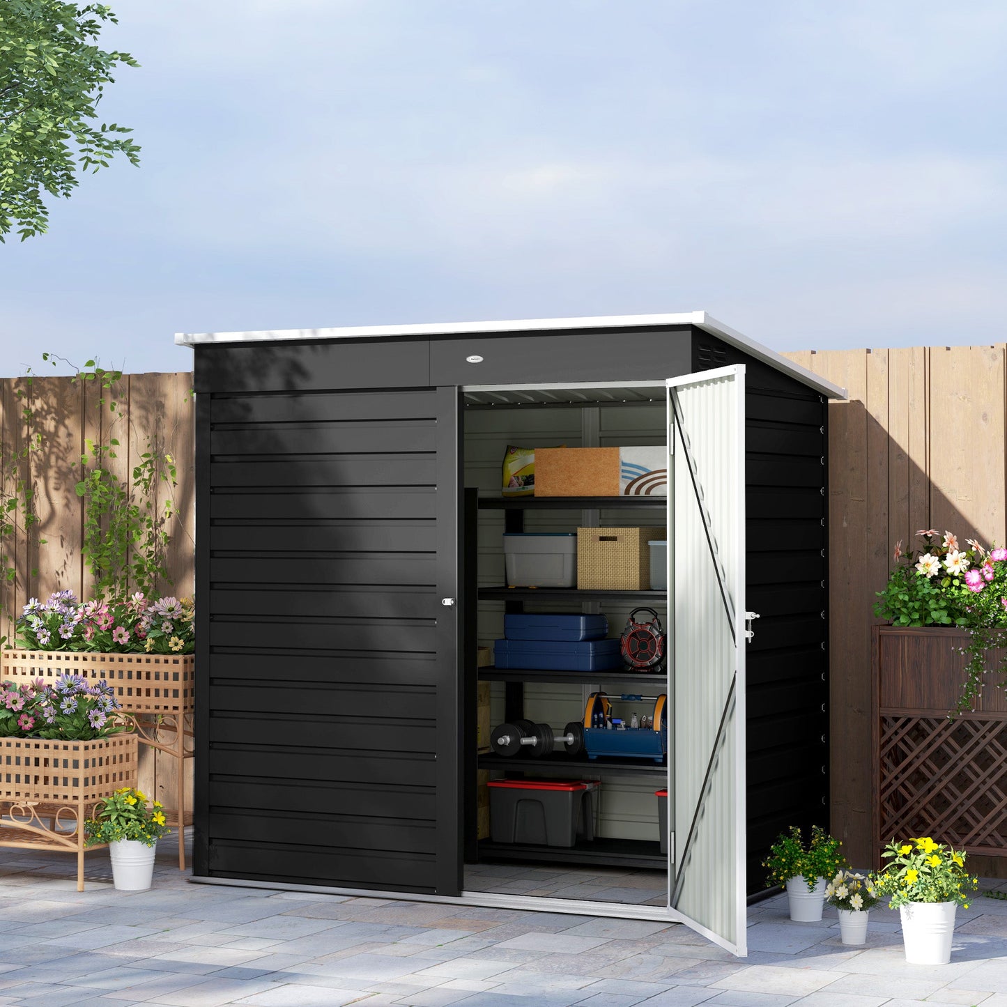 6 x 4ft Metal Garden Shed, Galvanised Steel Shed with Lockable Door and Gloves, Outdoor Tool Storage Shed for Garden, Patio, Dark Grey