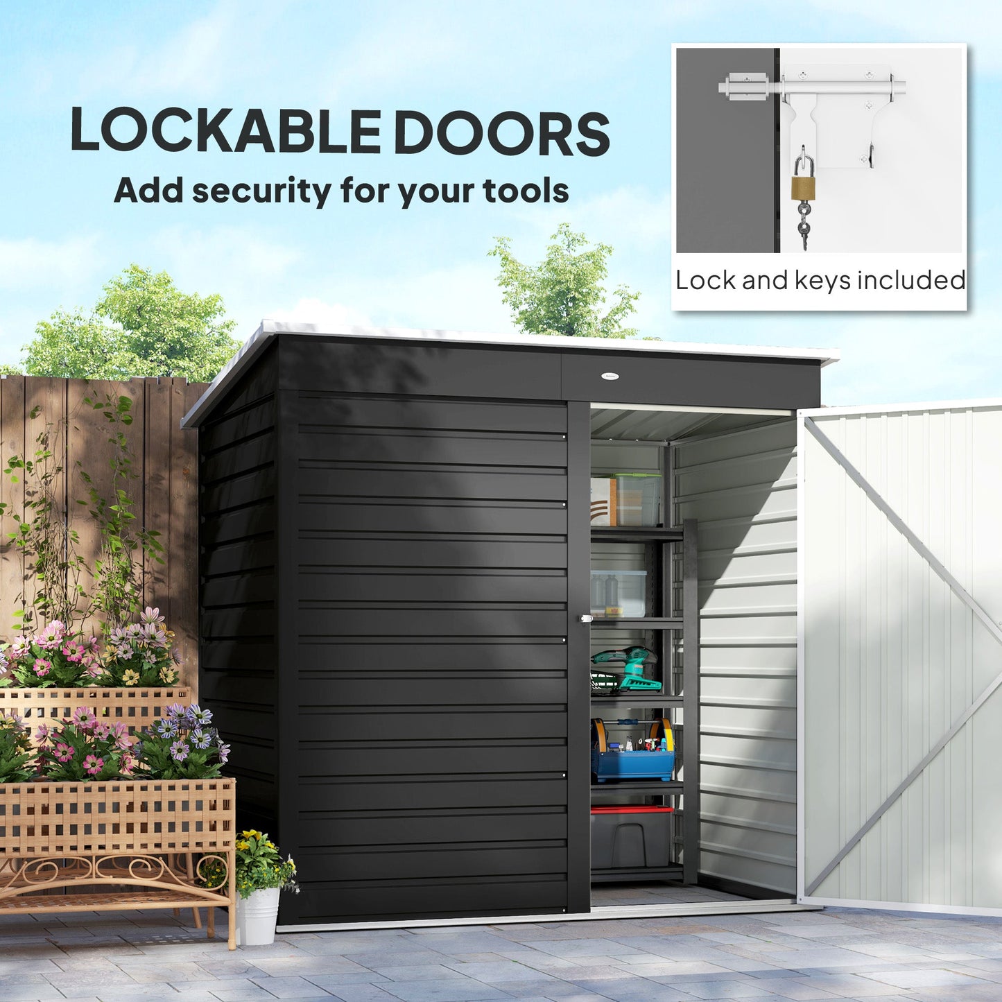 6 x 4ft Metal Garden Shed, Galvanised Steel Shed with Lockable Door and Gloves, Outdoor Tool Storage Shed for Garden, Patio, Dark Grey