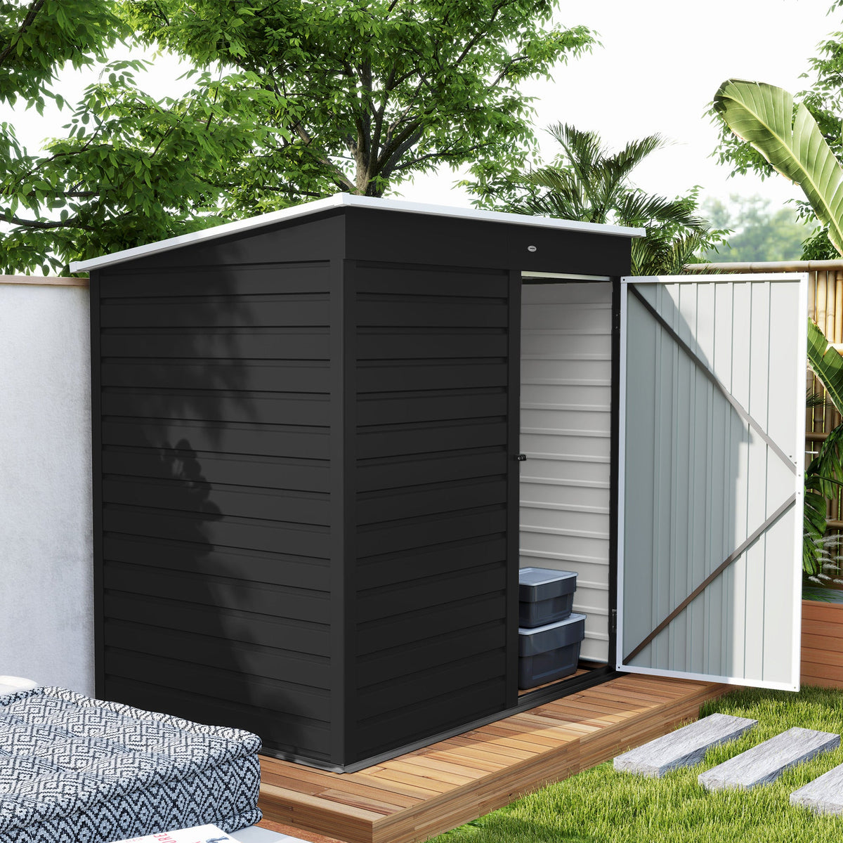 6 x 4ft Metal Garden Shed, Galvanised Steel Shed with Lockable Door and Gloves, Outdoor Tool Storage Shed for Garden, Patio, Dark Grey