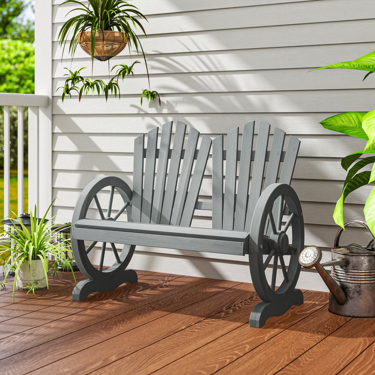 2 Seater Garden Bench, Comfortable Fir Wood Love Chair with Wagon Wheel-Shaped Armrests, Outdoor Adirondack Wooden Loveseats, Grey