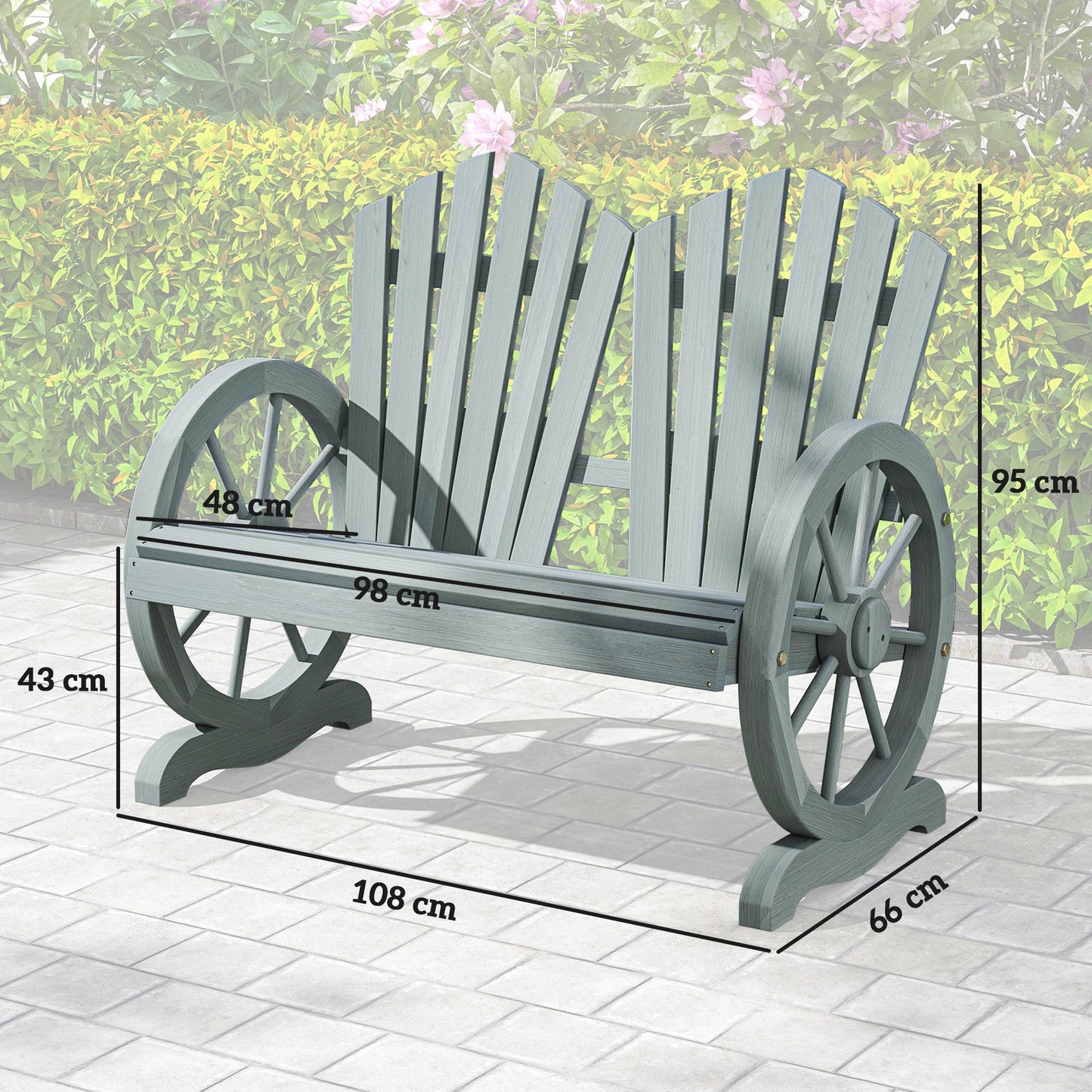 2 Seater Garden Bench, Comfortable Fir Wood Love Chair with Wagon Wheel-Shaped Armrests, Outdoor Adirondack Wooden Loveseats, Grey