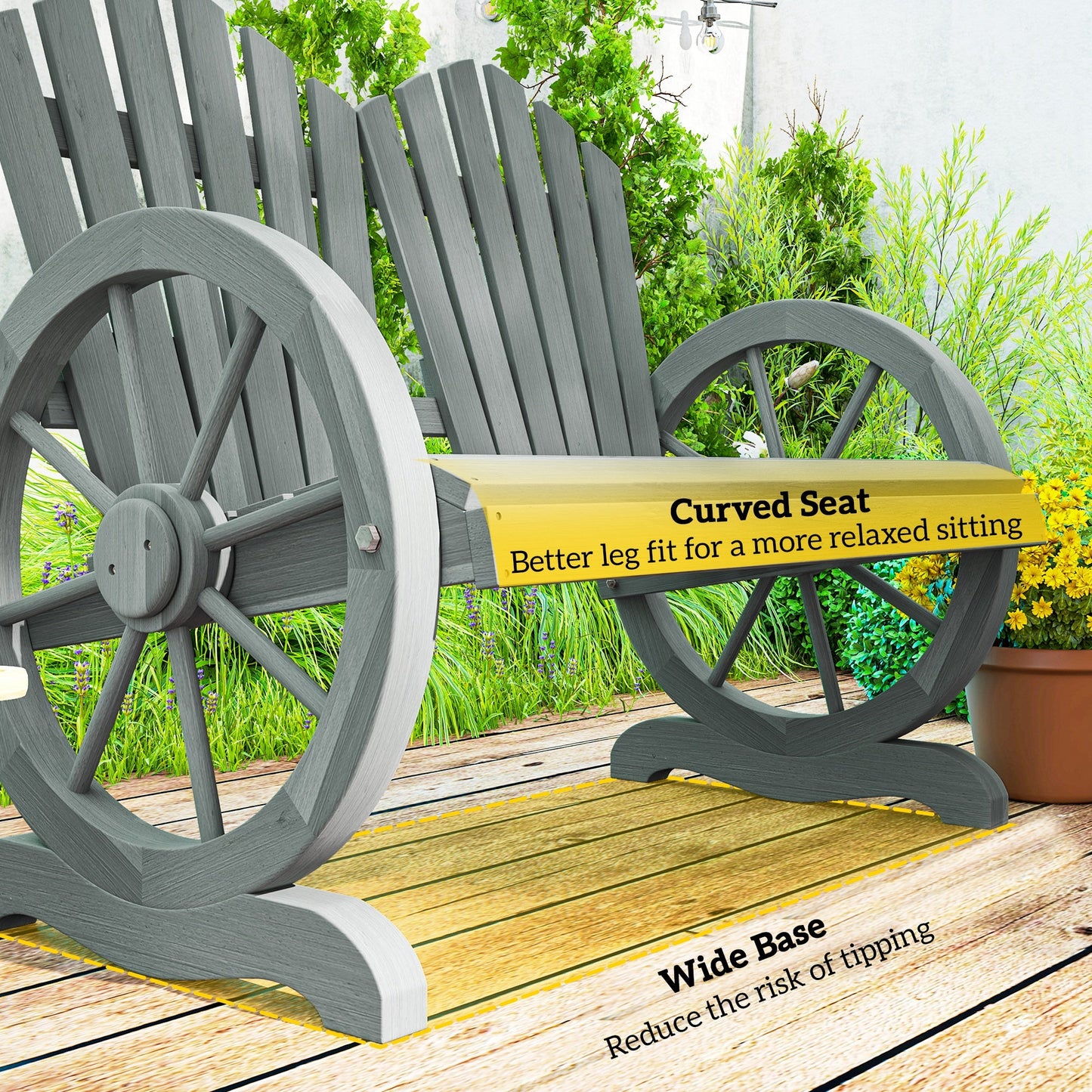2 Seater Garden Bench, Comfortable Fir Wood Love Chair with Wagon Wheel-Shaped Armrests, Outdoor Adirondack Wooden Loveseats, Grey