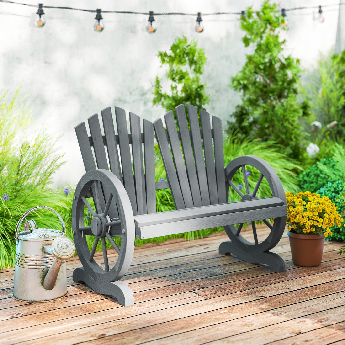 2 Seater Garden Bench, Comfortable Fir Wood Love Chair with Wagon Wheel-Shaped Armrests, Outdoor Adirondack Wooden Loveseats, Grey