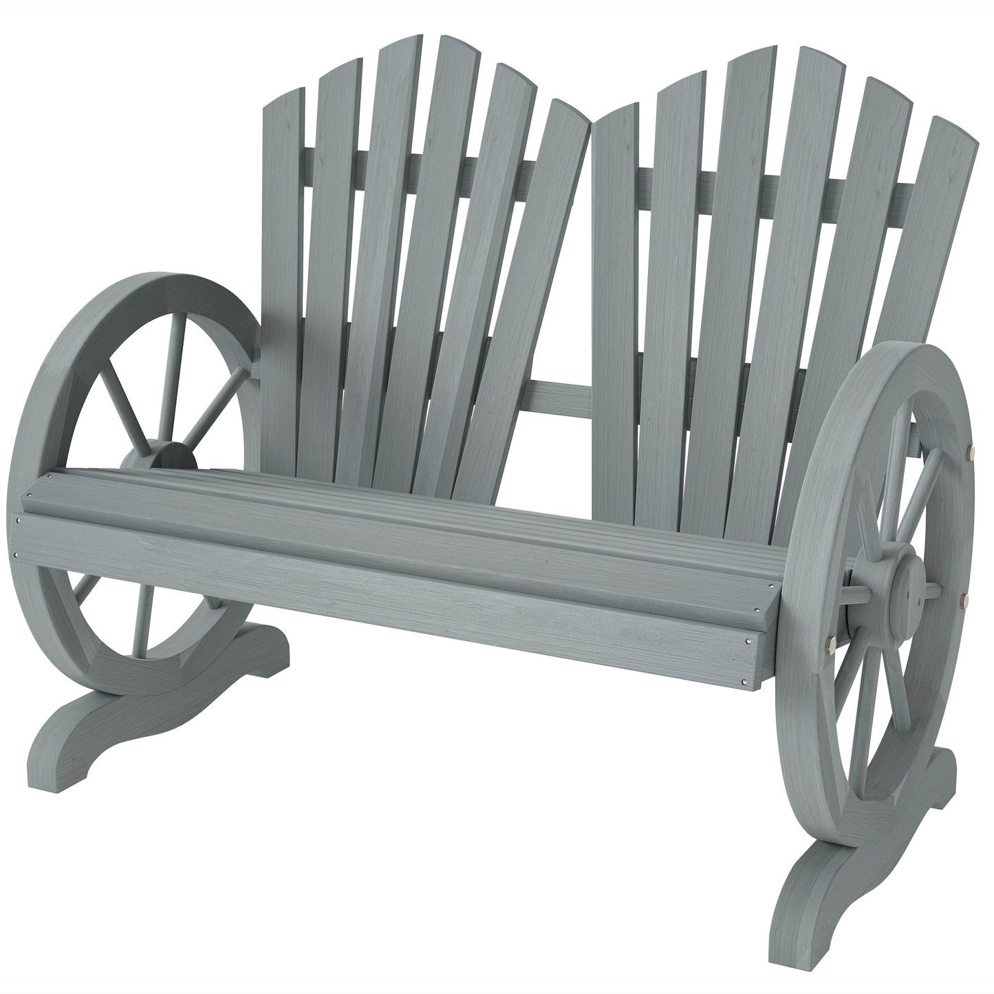 2 Seater Garden Bench, Comfortable Fir Wood Love Chair with Wagon Wheel-Shaped Armrests, Outdoor Adirondack Wooden Loveseats, Grey