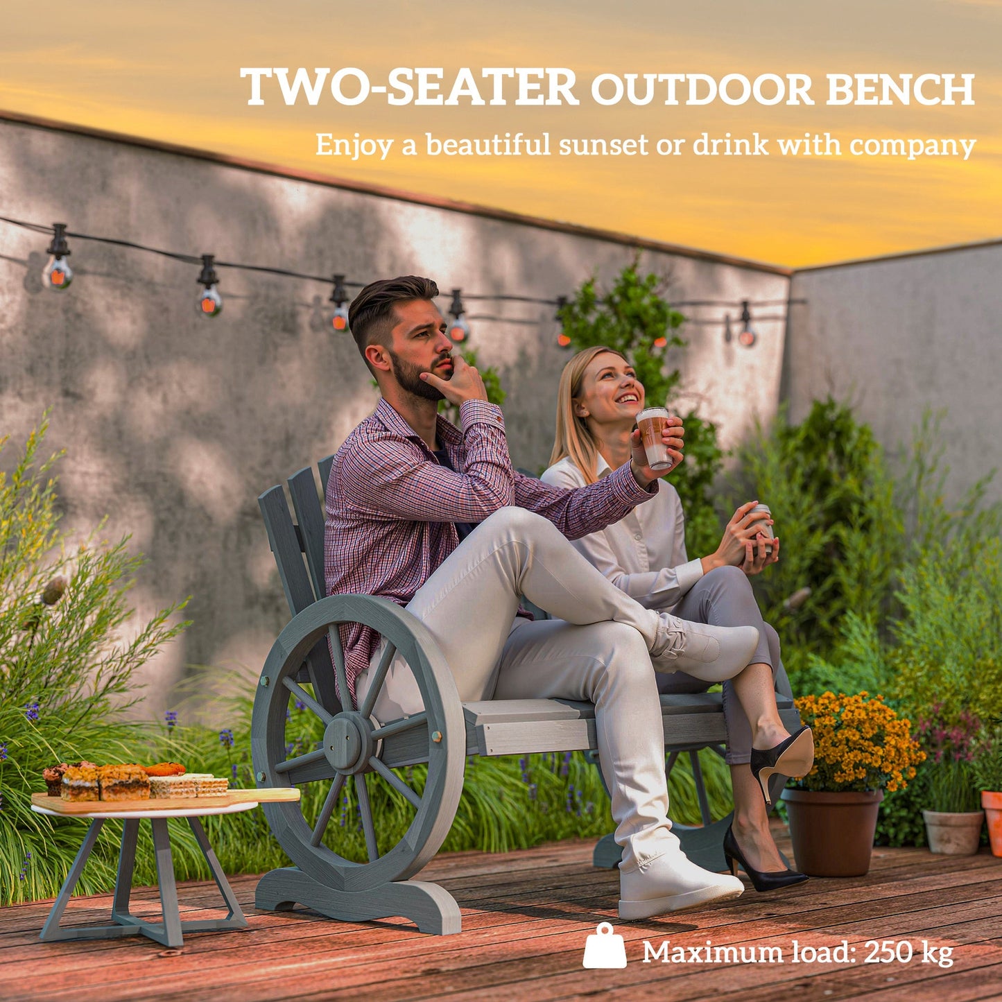 2 Seater Garden Bench, Comfortable Fir Wood Love Chair with Wagon Wheel-Shaped Armrests, Outdoor Adirondack Wooden Loveseats, Grey