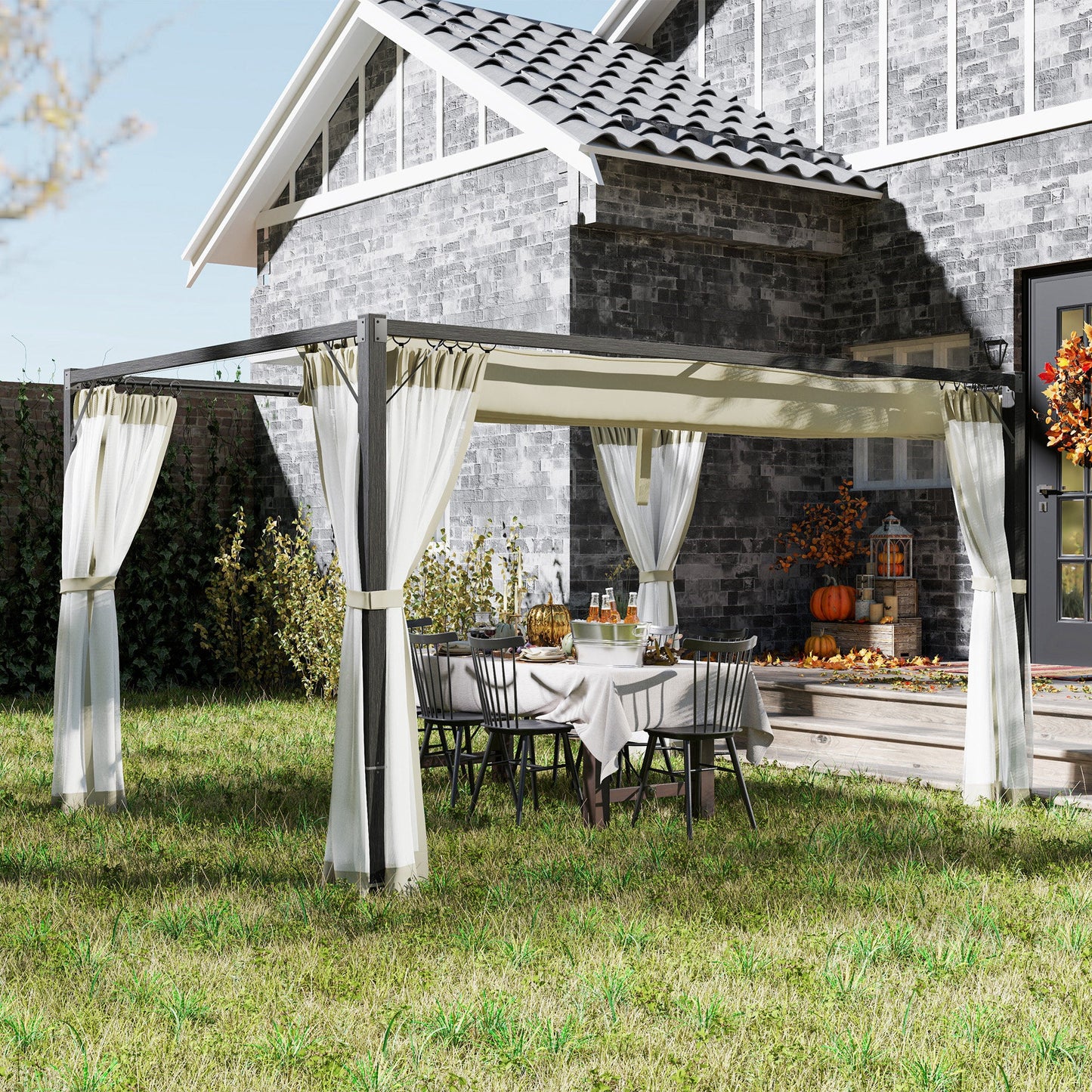 3 x 4 m Pergola with Retractable Roof Canopy and Netting Sidewalls, Aluminium Frame Garden Gazebo Outdoor Sun Shade Shelter for Grill, Patio, Deck, Khaki