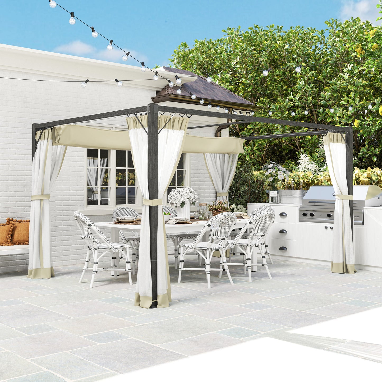 3 x 4 m Pergola with Retractable Roof Canopy and Netting Sidewalls, Aluminium Frame Garden Gazebo Outdoor Sun Shade Shelter for Grill, Patio, Deck, Khaki