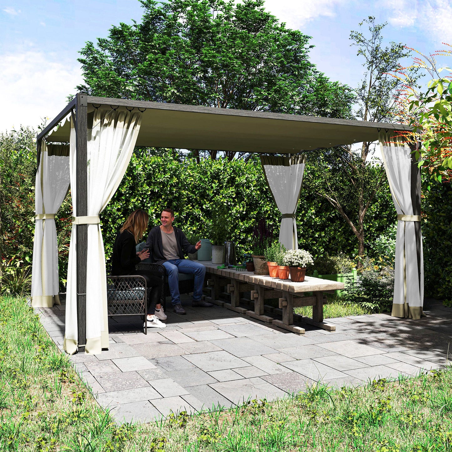 3 x 4 m Pergola with Retractable Roof Canopy and Netting Sidewalls, Aluminium Frame Garden Gazebo Outdoor Sun Shade Shelter for Grill, Patio, Deck, Khaki
