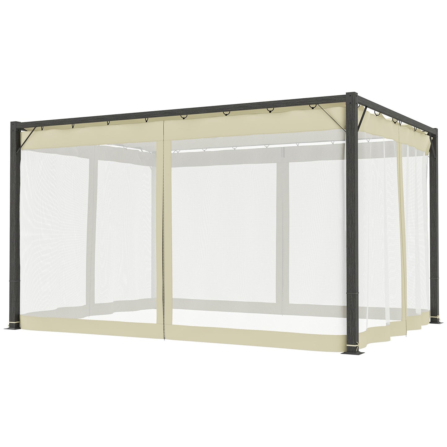 3 x 4 m Pergola with Retractable Roof Canopy and Netting Sidewalls, Aluminium Frame Garden Gazebo Outdoor Sun Shade Shelter for Grill, Patio, Deck, Khaki