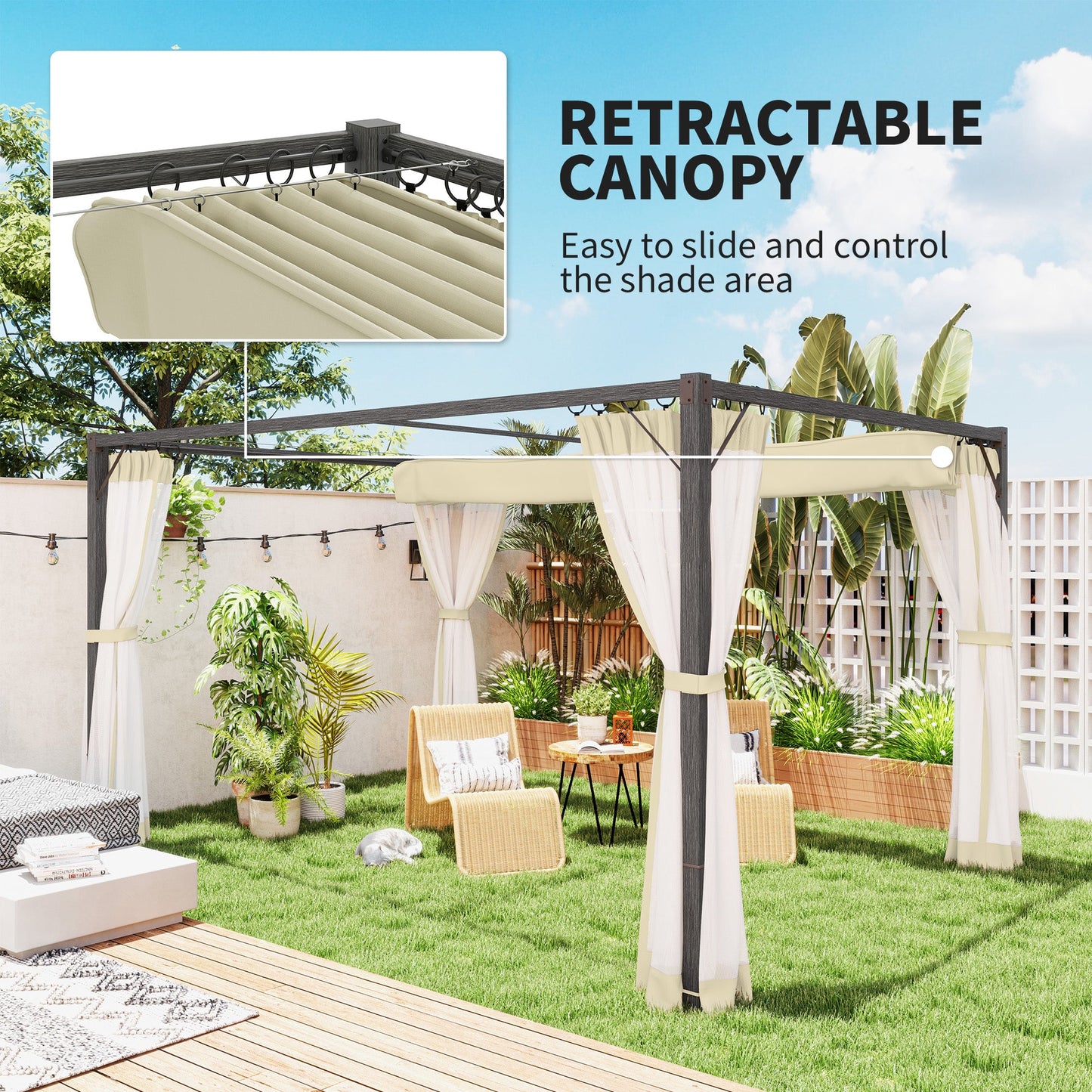 3 x 4 m Pergola with Retractable Roof Canopy and Netting Sidewalls, Aluminium Frame Garden Gazebo Outdoor Sun Shade Shelter for Grill, Patio, Deck, Khaki