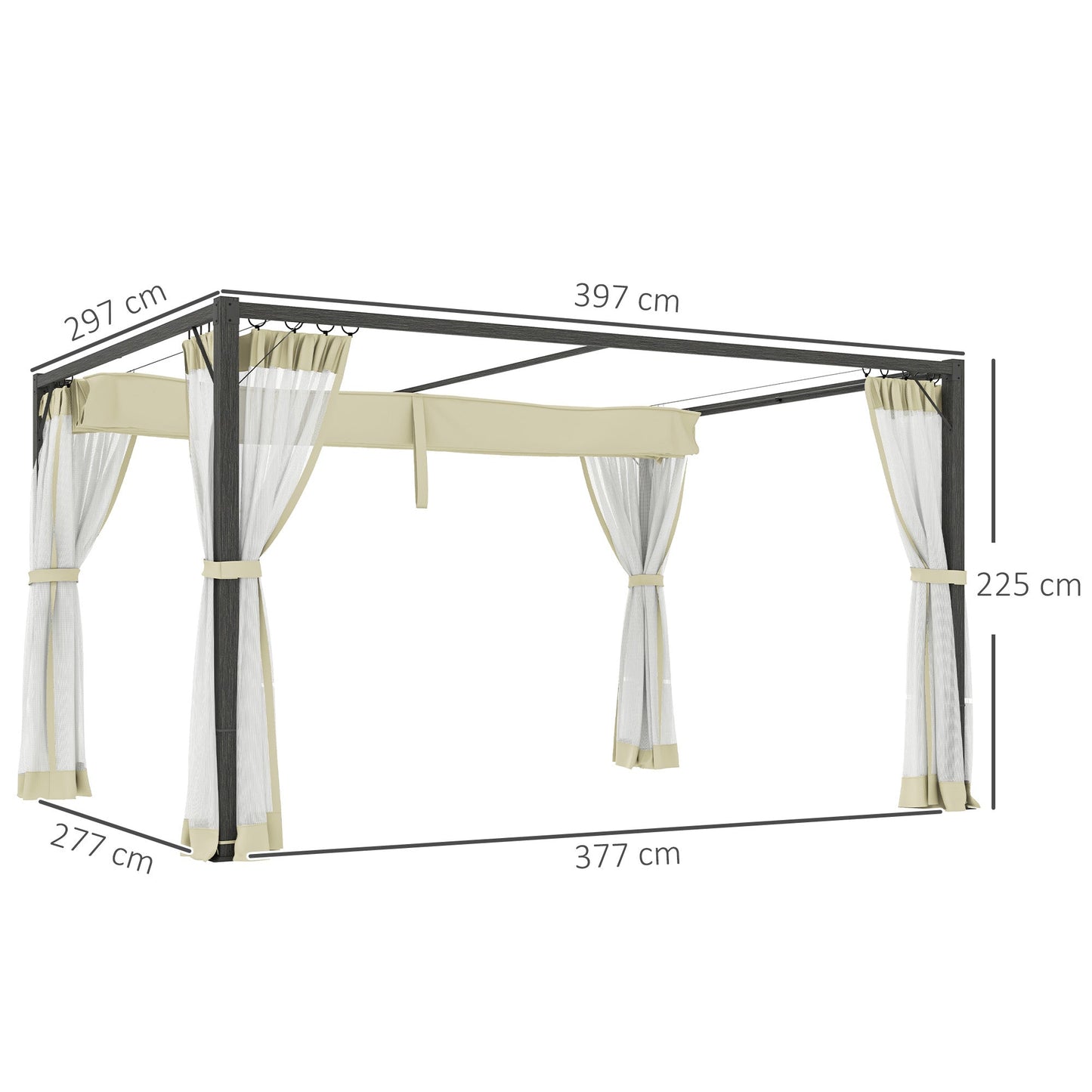 3 x 4 m Pergola with Retractable Roof Canopy and Netting Sidewalls, Aluminium Frame Garden Gazebo Outdoor Sun Shade Shelter for Grill, Patio, Deck, Khaki