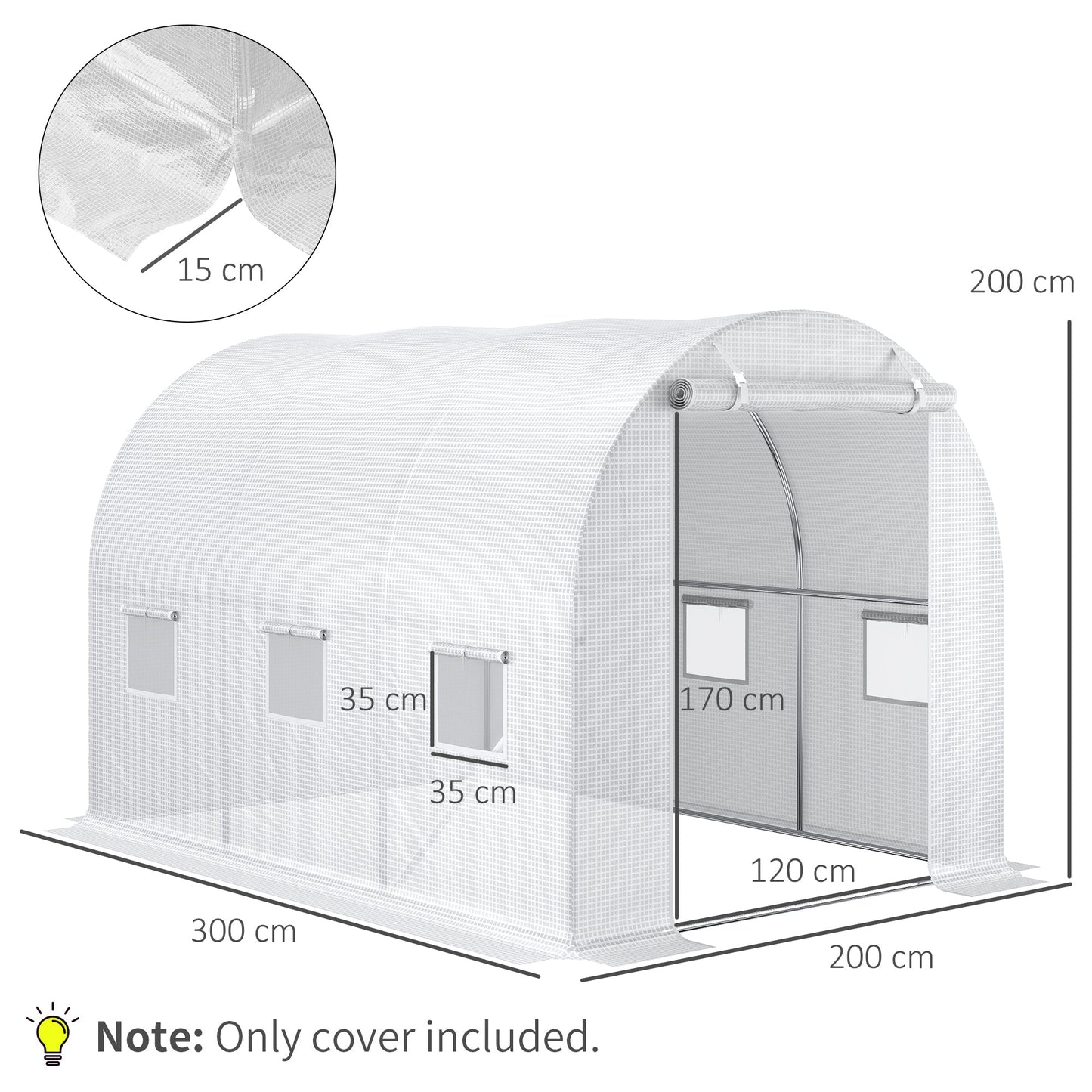 3 x 2 x 2m Greenhouse Replacement Cover ONLY Winter Garden Plant PE Cover for Tunnel Walk-in Greenhouse with Roll-up Windows Door Outdoor, White