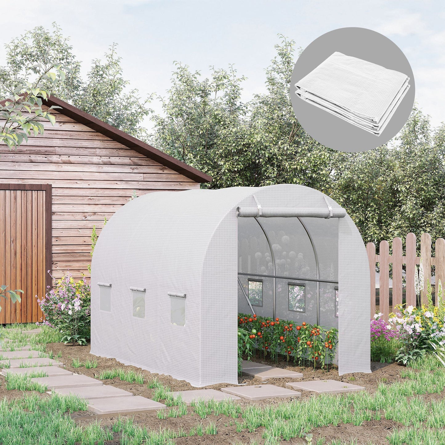 3 x 2 x 2m Greenhouse Replacement Cover ONLY Winter Garden Plant PE Cover for Tunnel Walk-in Greenhouse with Roll-up Windows Door Outdoor, White