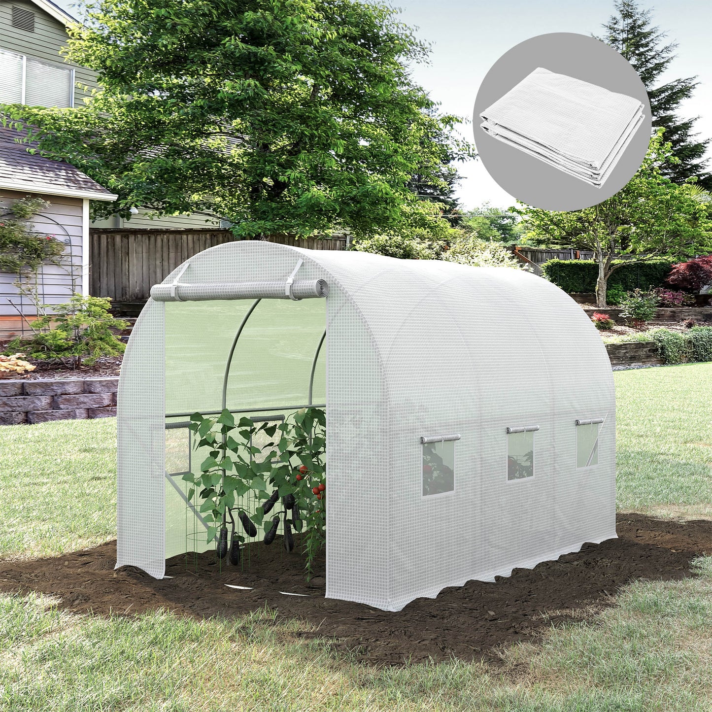 3 x 2 x 2m Greenhouse Replacement Cover ONLY Winter Garden Plant PE Cover for Tunnel Walk-in Greenhouse with Roll-up Windows Door Outdoor, White
