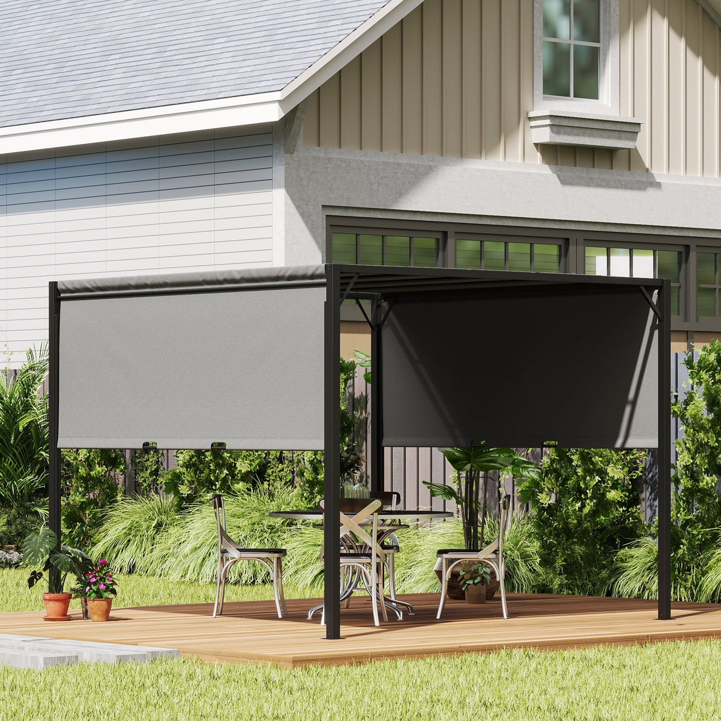 3 X 3 Meters Pergola with Retractable Roof, Garden Gazebo with Adjustable Sun Shade Canopy and Steel Frame, Charcoal Grey