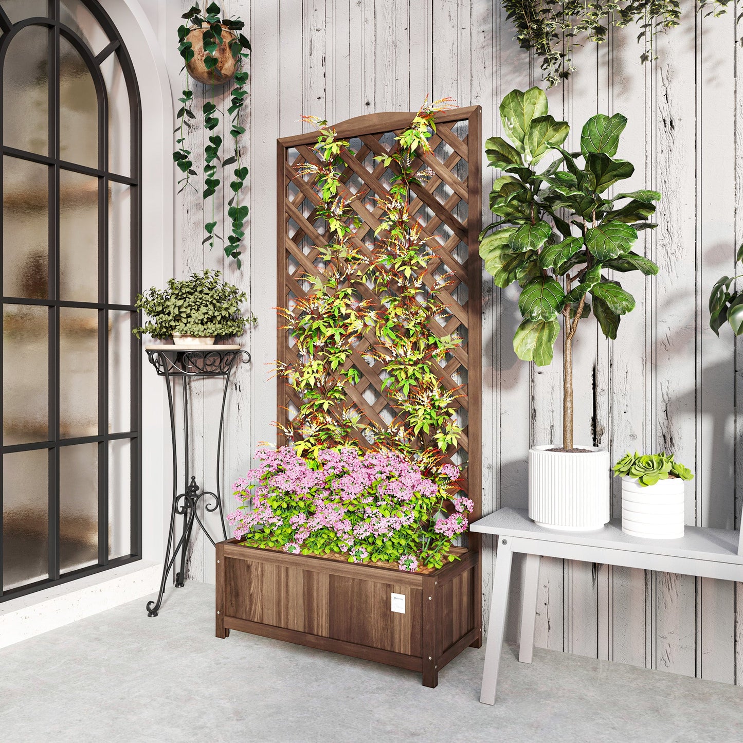 53L Garden Wooden Planter Box with Trellis Free Standing Flower Raised Bed with Lattice for Climbing Plants, 76cm x 36cm x 170cm, Dark Brown