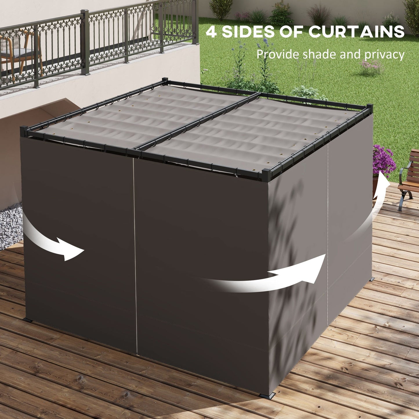 3 x 3(m) Pergola with Retractable Roof Canopy and Curtains, Metal Frame Garden Gazebo Outdoor Sun Shade Shelter for Grill, Patio, Deck, Light Grey