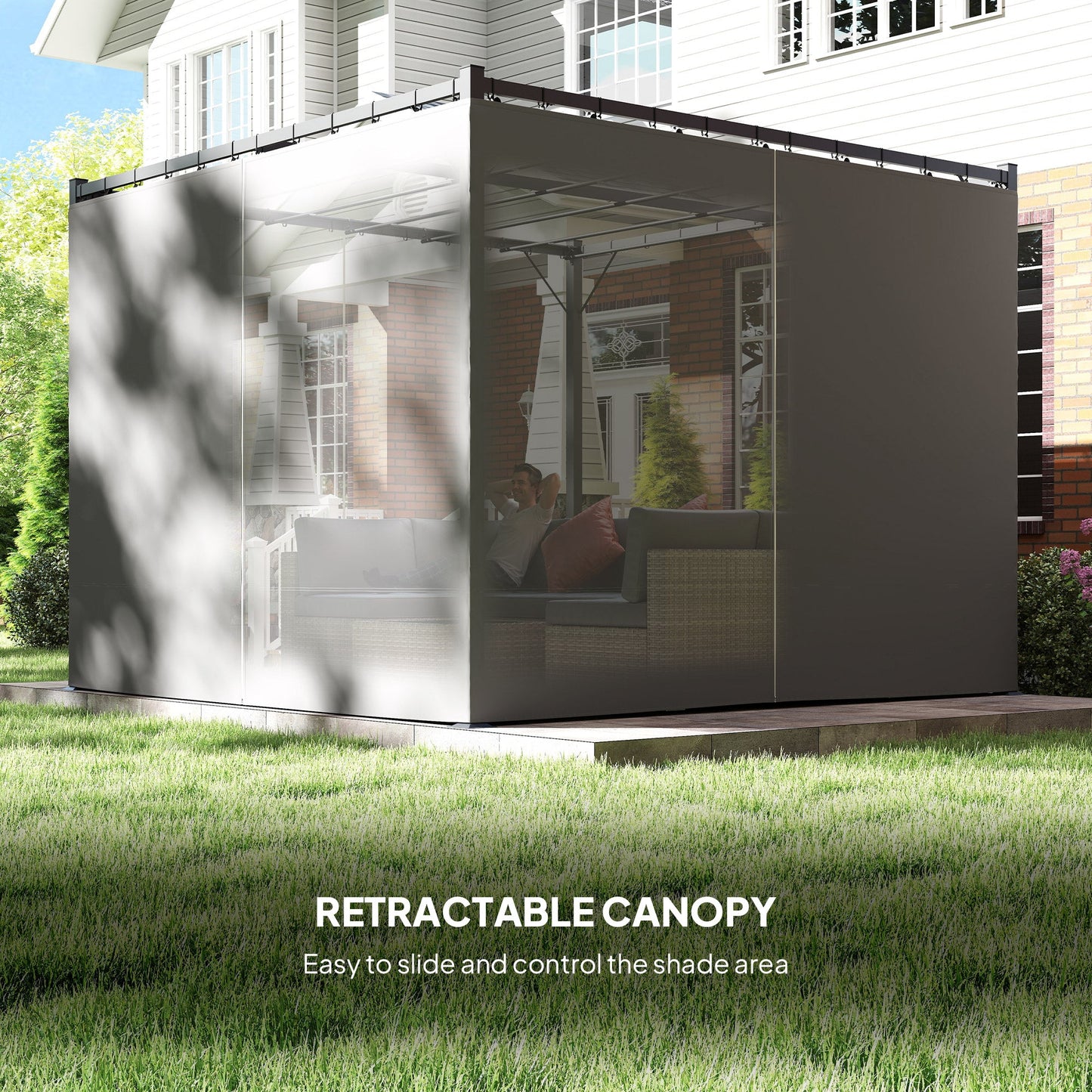 3 x 3(m) Pergola with Retractable Roof Canopy and Curtains, Metal Frame Garden Gazebo Outdoor Sun Shade Shelter for Grill, Patio, Deck, Light Grey