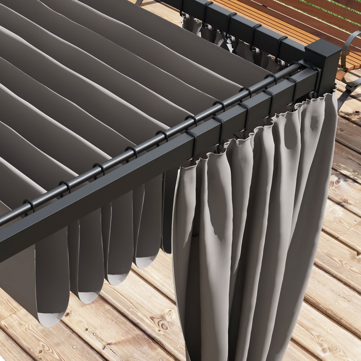 3 x 3(m) Pergola with Retractable Roof Canopy and Curtains, Metal Frame Garden Gazebo Outdoor Sun Shade Shelter for Grill, Patio, Deck, Light Grey