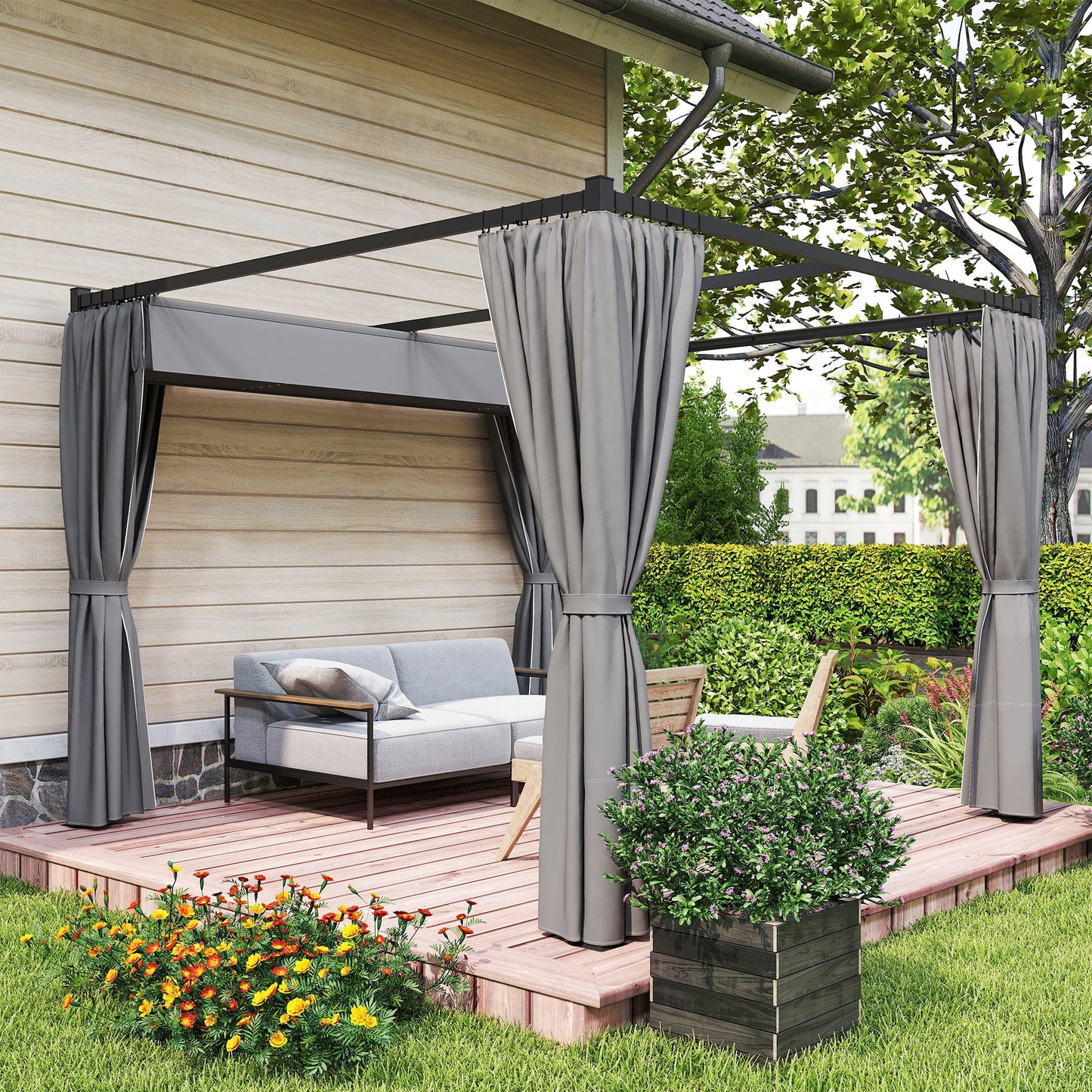 3 x 3(m) Pergola with Retractable Roof Canopy and Curtains, Metal Frame Garden Gazebo Outdoor Sun Shade Shelter for Grill, Patio, Deck, Light Grey