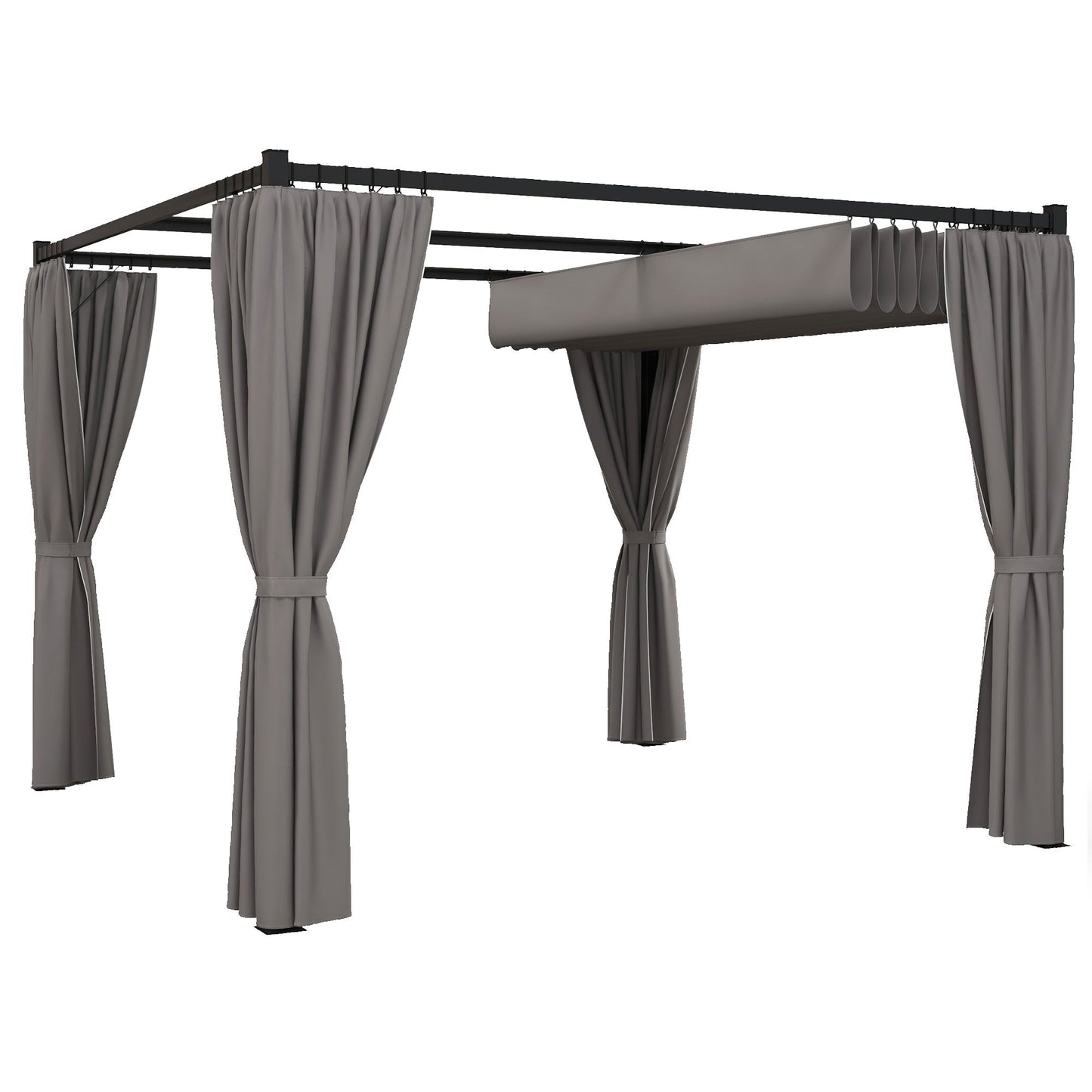 3 x 3(m) Pergola with Retractable Roof Canopy and Curtains, Metal Frame Garden Gazebo Outdoor Sun Shade Shelter for Grill, Patio, Deck, Light Grey