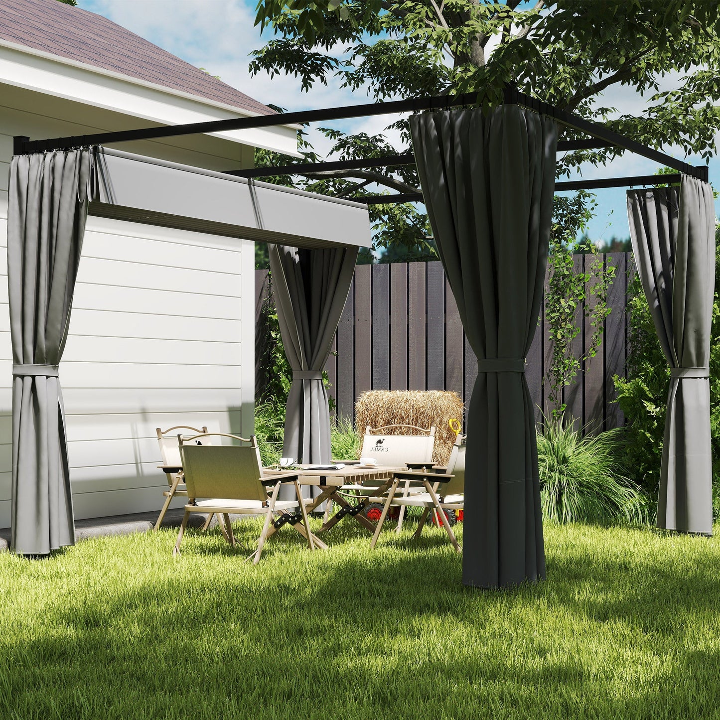 3 x 3(m) Pergola with Retractable Roof Canopy and Curtains, Metal Frame Garden Gazebo Outdoor Sun Shade Shelter for Grill, Patio, Deck, Light Grey