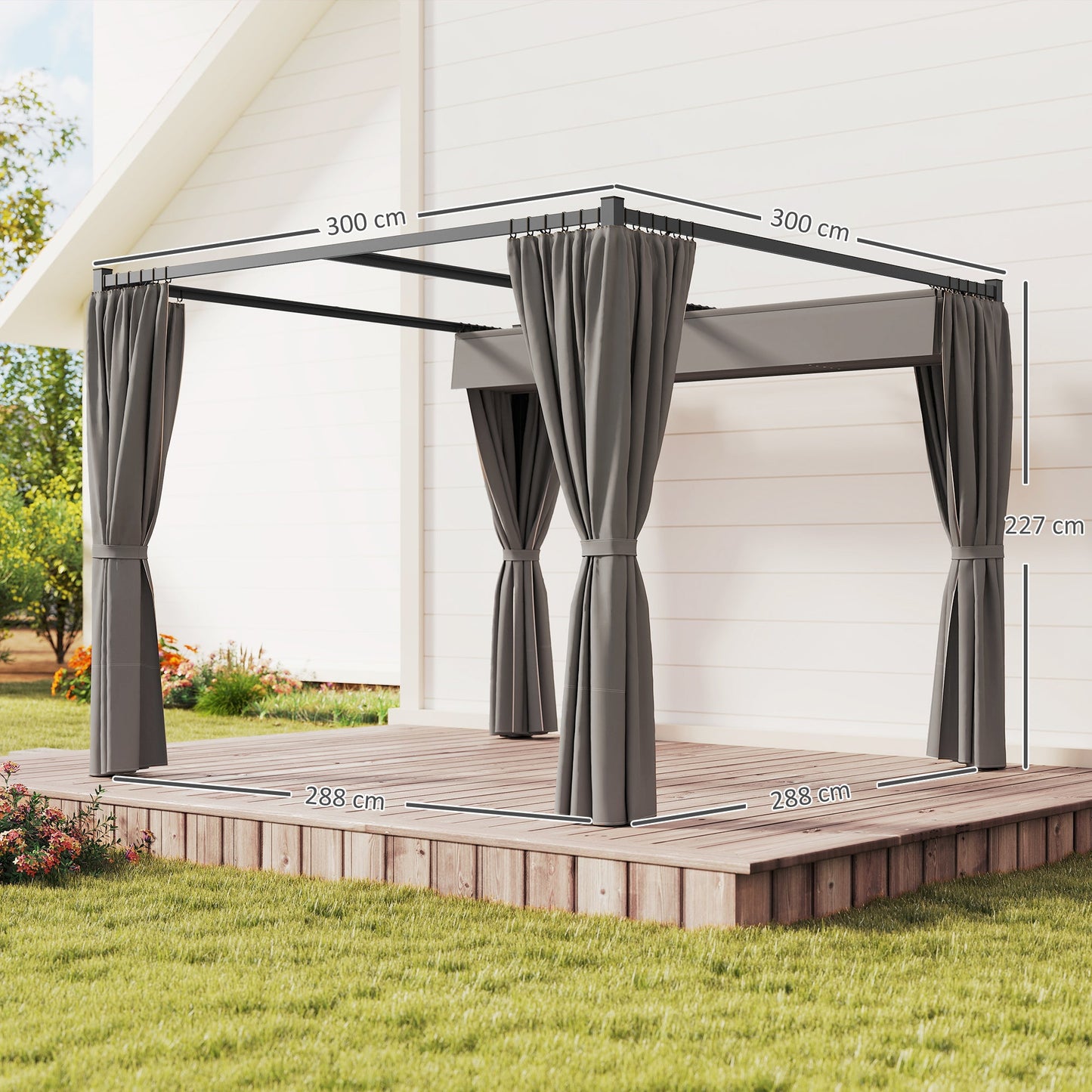 3 x 3(m) Pergola with Retractable Roof Canopy and Curtains, Metal Frame Garden Gazebo Outdoor Sun Shade Shelter for Grill, Patio, Deck, Light Grey