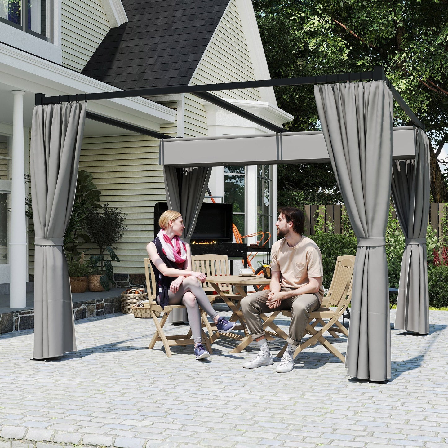 3 x 3(m) Pergola with Retractable Roof Canopy and Curtains, Metal Frame Garden Gazebo Outdoor Sun Shade Shelter for Grill, Patio, Deck, Light Grey