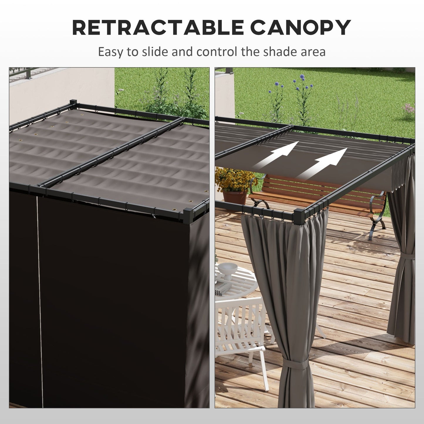 3 x 3(m) Pergola with Retractable Roof Canopy and Curtains, Metal Frame Garden Gazebo Outdoor Sun Shade Shelter for Grill, Patio, Deck, Light Grey