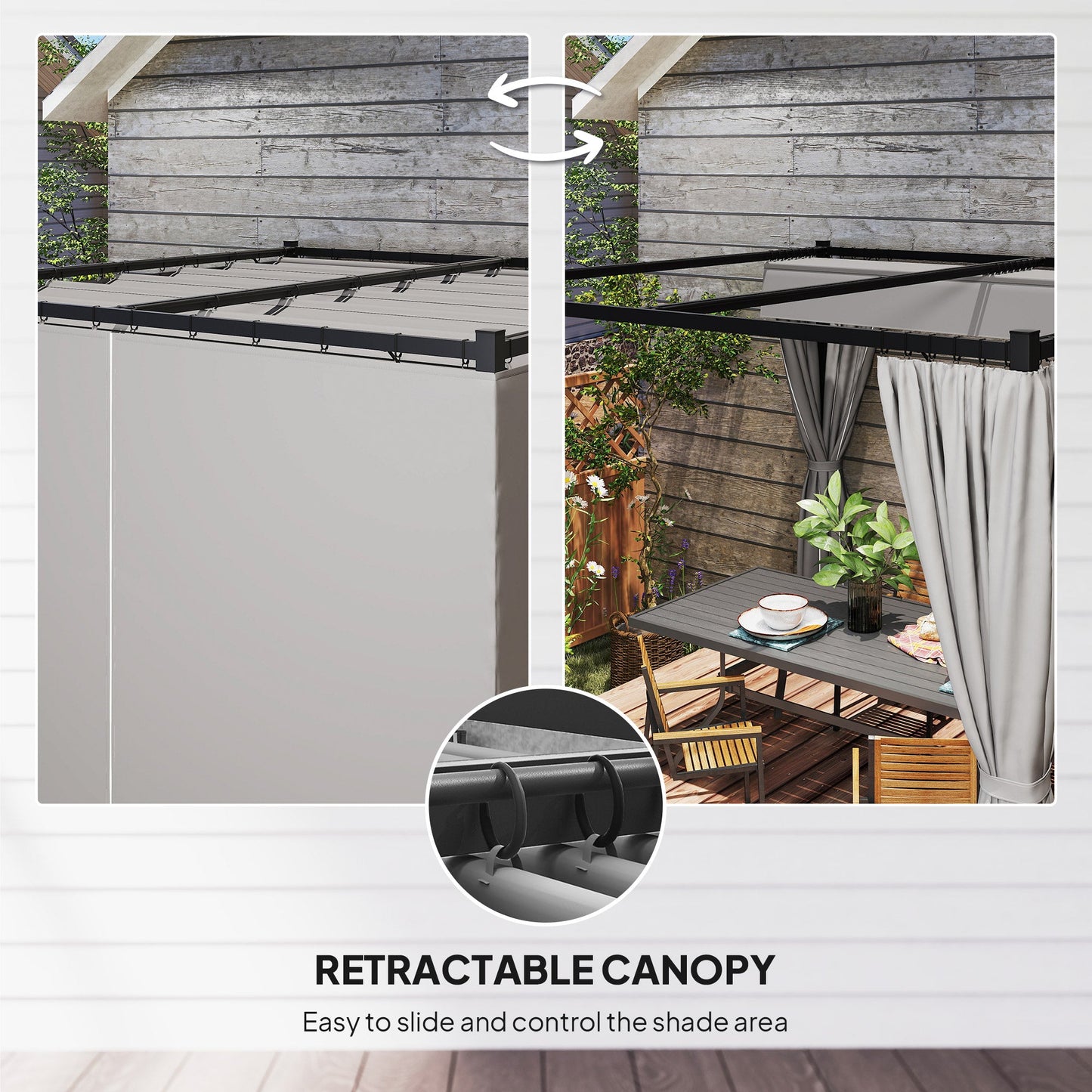3 x 3(m) Pergola with Retractable Roof Canopy and Curtains, Metal Frame Garden Gazebo Outdoor Sun Shade Shelter for Grill, Patio, Deck, Light Grey