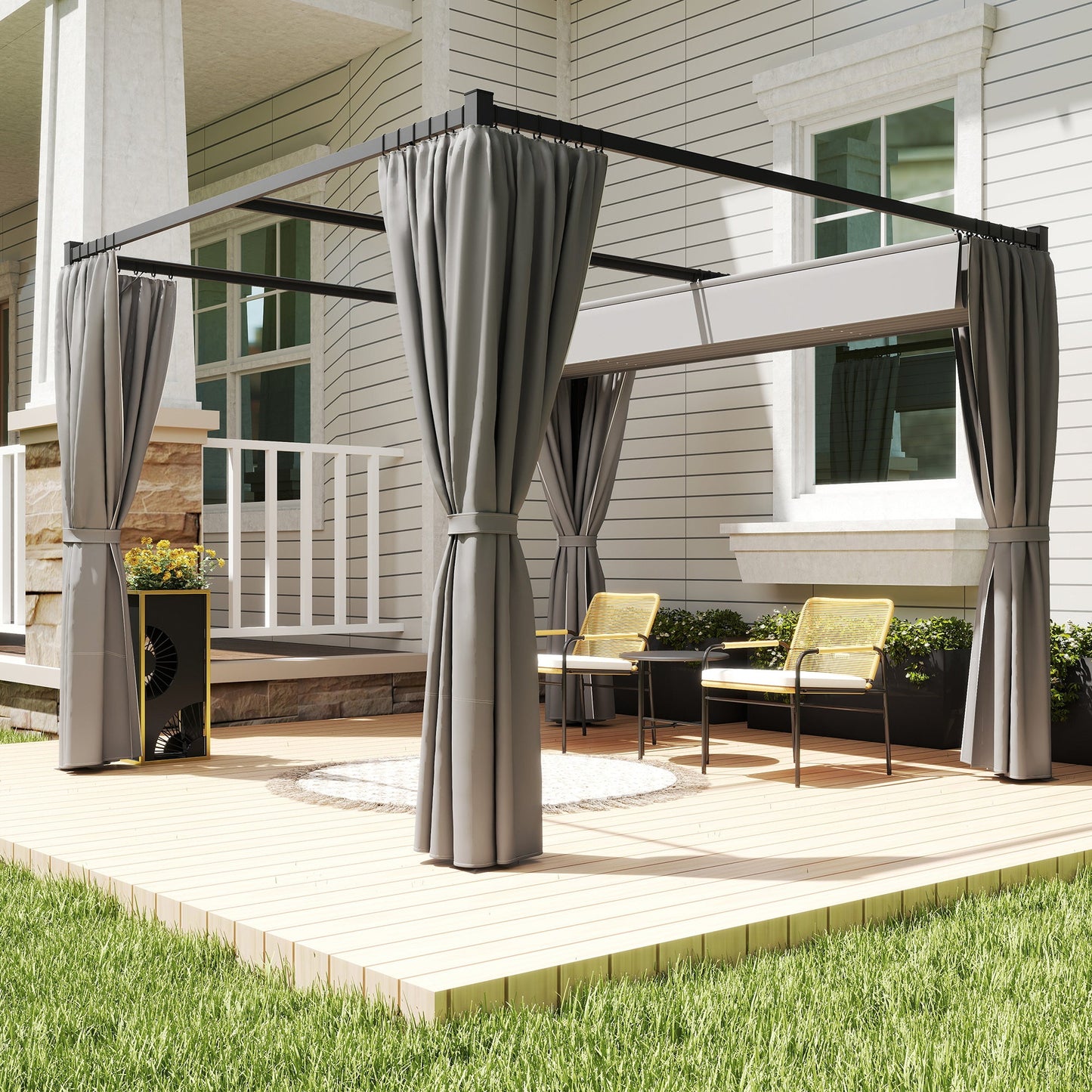 3 x 3(m) Pergola with Retractable Roof Canopy and Curtains, Metal Frame Garden Gazebo Outdoor Sun Shade Shelter for Grill, Patio, Deck, Light Grey