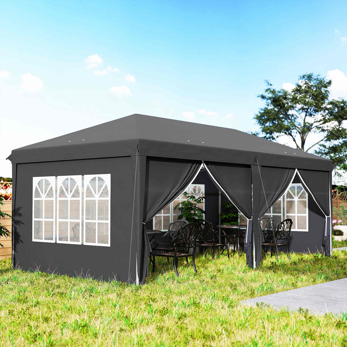 3 x 6 m Garden Pop Up Gazebo, Wedding Party Tent Marquee, Water Resistant Awning Canopy with Sidewalls, Windows, Carry Bag, Grey