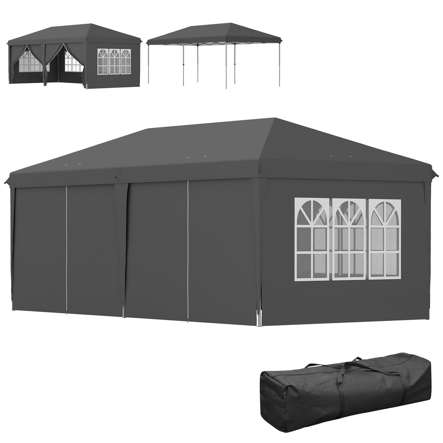 3 x 6 m Garden Pop Up Gazebo, Wedding Party Tent Marquee, Water Resistant Awning Canopy with Sidewalls, Windows, Carry Bag, Grey