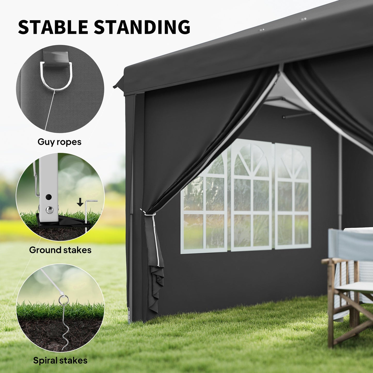 3 x 6 m Garden Pop Up Gazebo, Wedding Party Tent Marquee, Water Resistant Awning Canopy with Sidewalls, Windows, Carry Bag, Grey