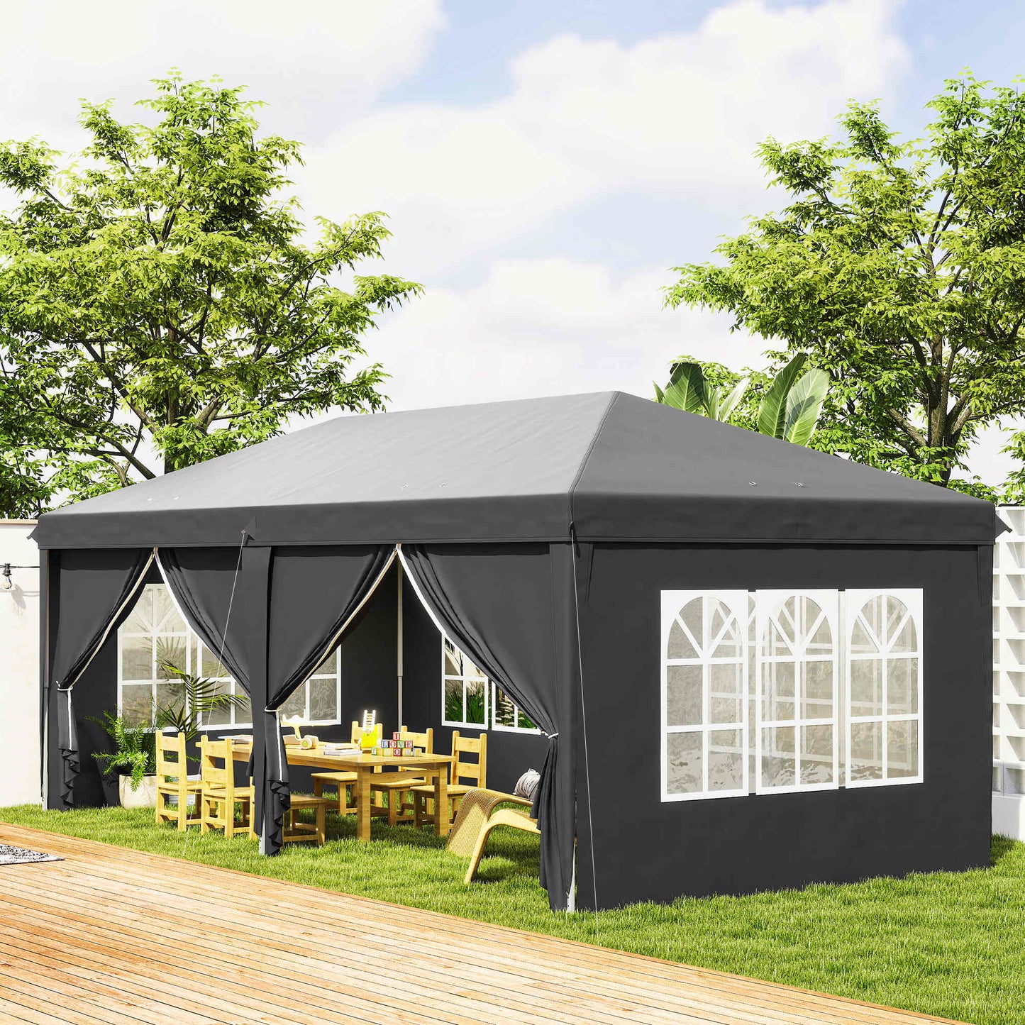 3 x 6 m Garden Pop Up Gazebo, Wedding Party Tent Marquee, Water Resistant Awning Canopy with Sidewalls, Windows, Carry Bag, Grey