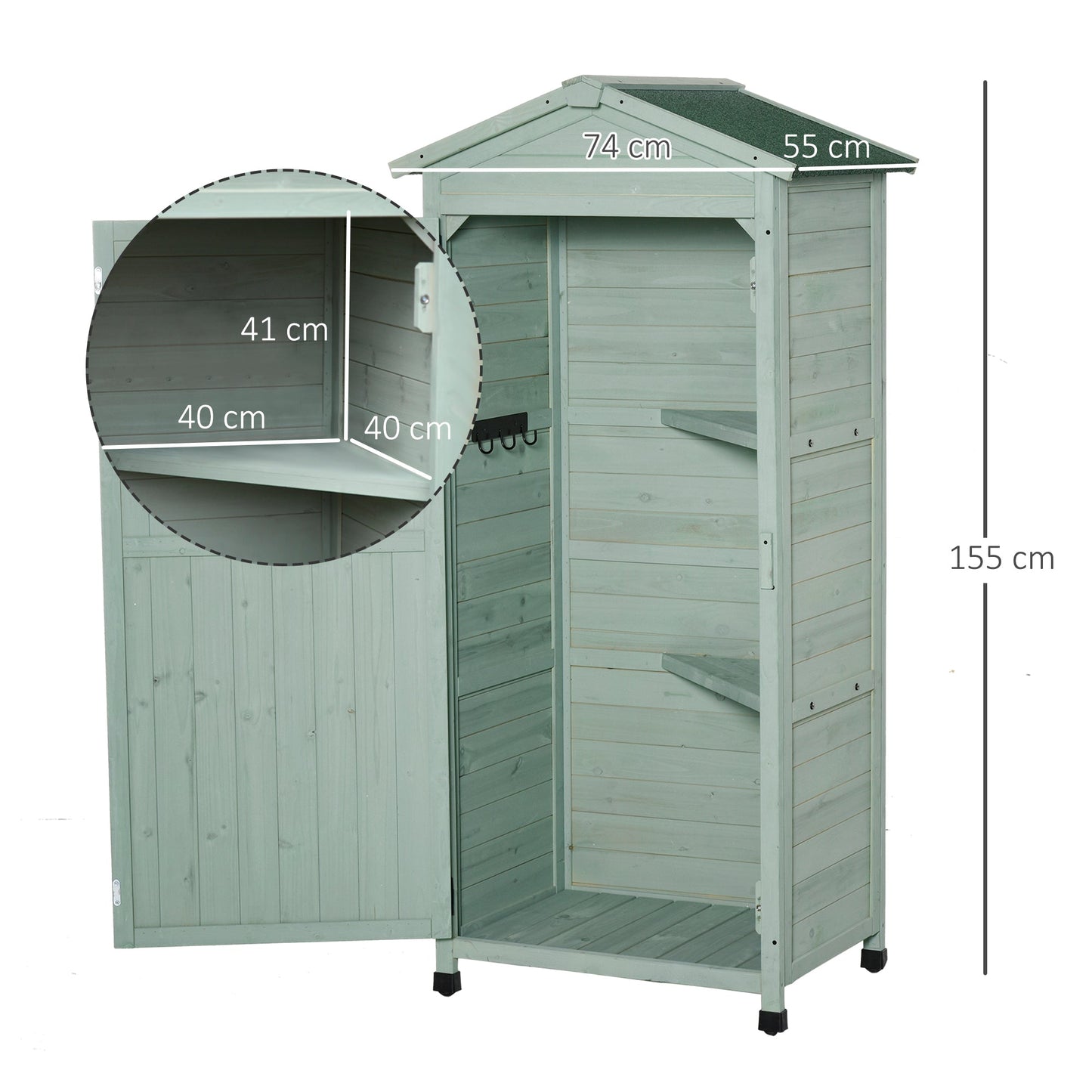 Wooden Garden Shed, Outdoor Storage Cabinet with 2 Shelves and Hooks, Locking Organiser Outdoor Narrow Tool House, 74x55x155cm, Green