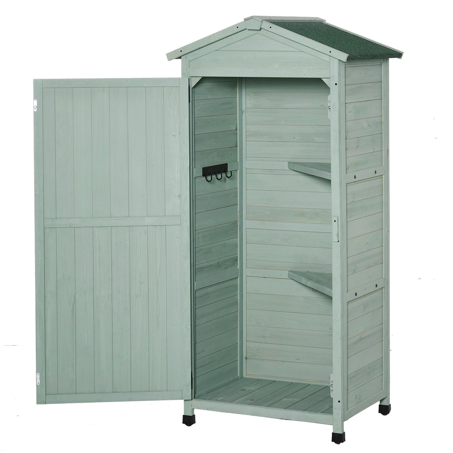 Wooden Garden Shed, Outdoor Storage Cabinet with 2 Shelves and Hooks, Locking Organiser Outdoor Narrow Tool House, 74x55x155cm, Green