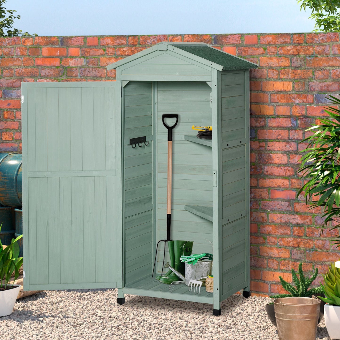 Wooden Garden Shed, Outdoor Storage Cabinet with 2 Shelves and Hooks, Locking Organiser Outdoor Narrow Tool House, 74x55x155cm, Green