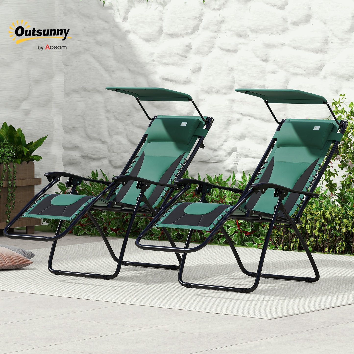 Zero Gravity Lounger Chair Set of 2, Folding Reclining Patio Chair with Shade Cover, Padded Seat, Cup Holder, Soft Cushion and Headrest for Poolside, Camping, Green