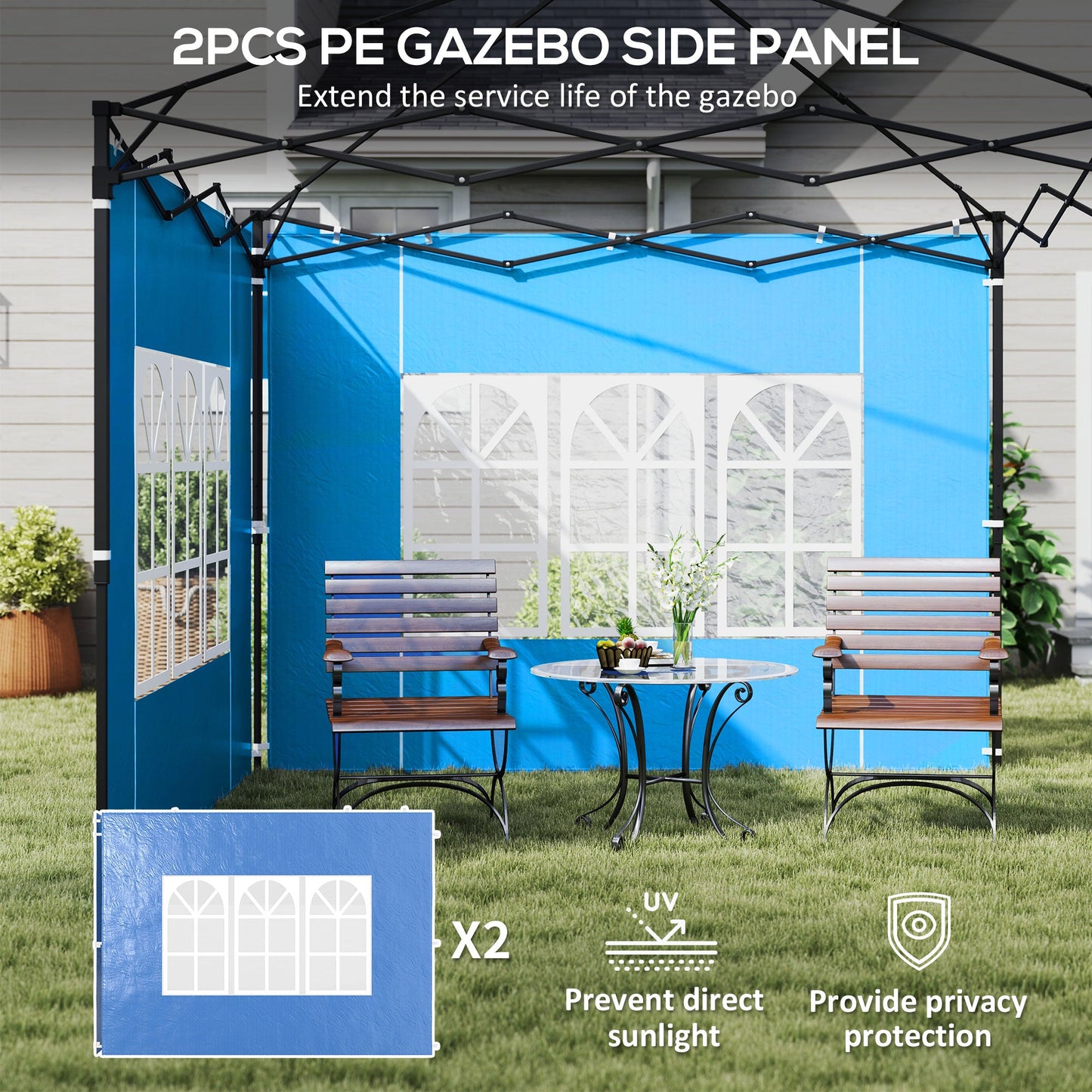 Gazebo Side Panels with Window for 3x3(m) or 3x6m Gazebo Canopy, 2 Pack Sides Replacement, Blue