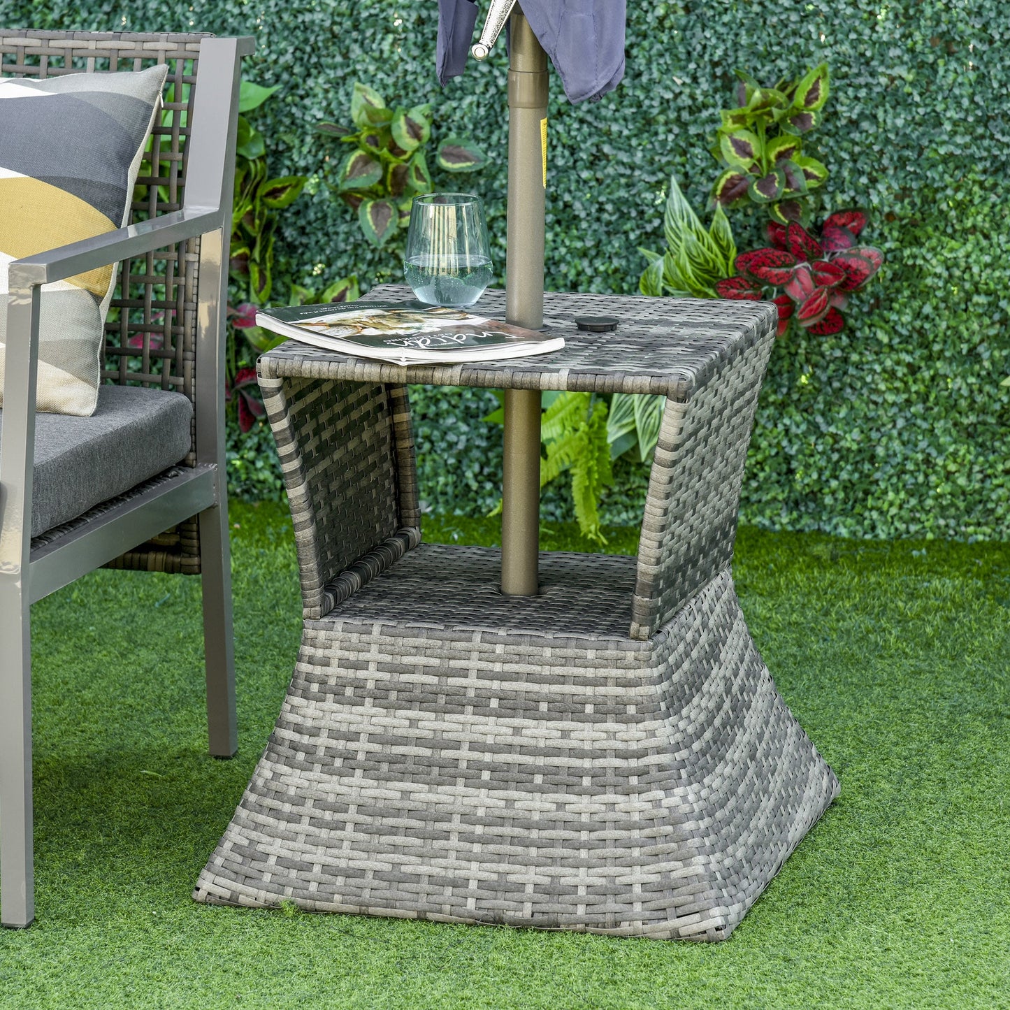 Rattan Outdoor Coffee Table, Wicker Garden Patio Bistro Side Table with Umbrella Hole and Storage Space for Balcony, Porch, Grey