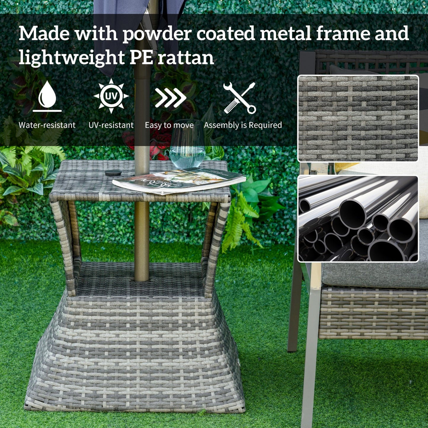 Rattan Outdoor Coffee Table, Wicker Garden Patio Bistro Side Table with Umbrella Hole and Storage Space for Balcony, Porch, Grey