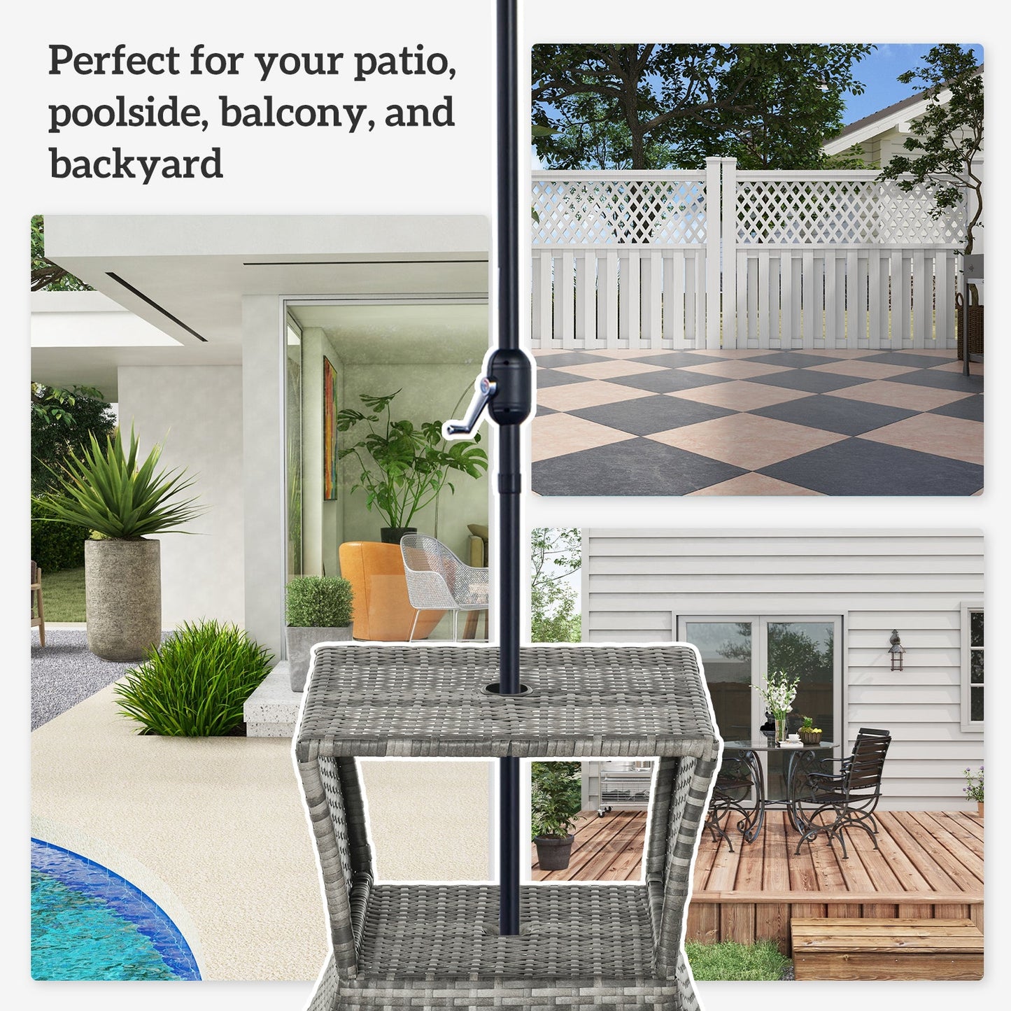 Rattan Outdoor Coffee Table, Wicker Garden Patio Bistro Side Table with Umbrella Hole and Storage Space for Balcony, Porch, Grey