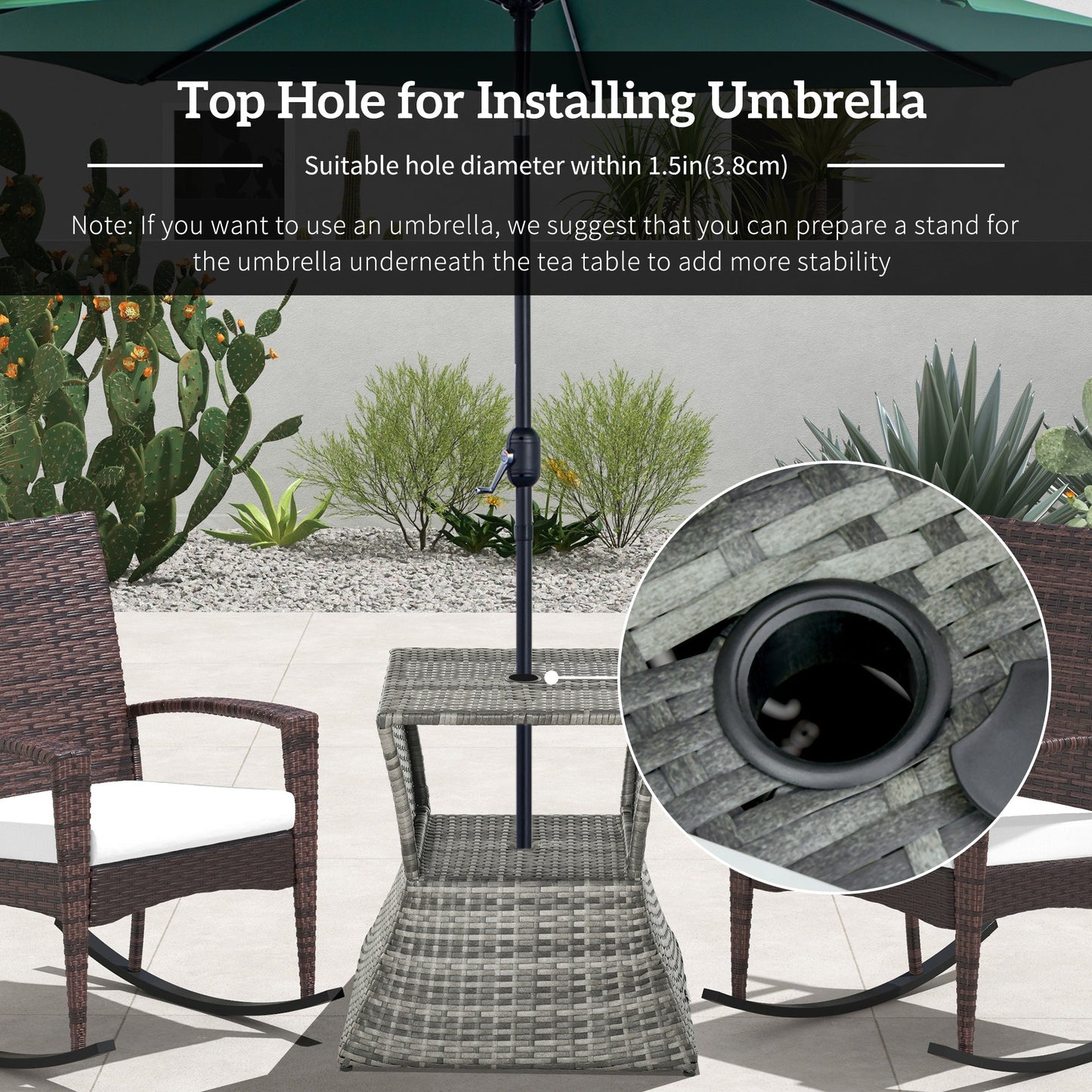 Rattan Outdoor Coffee Table, Wicker Garden Patio Bistro Side Table with Umbrella Hole and Storage Space for Balcony, Porch, Grey
