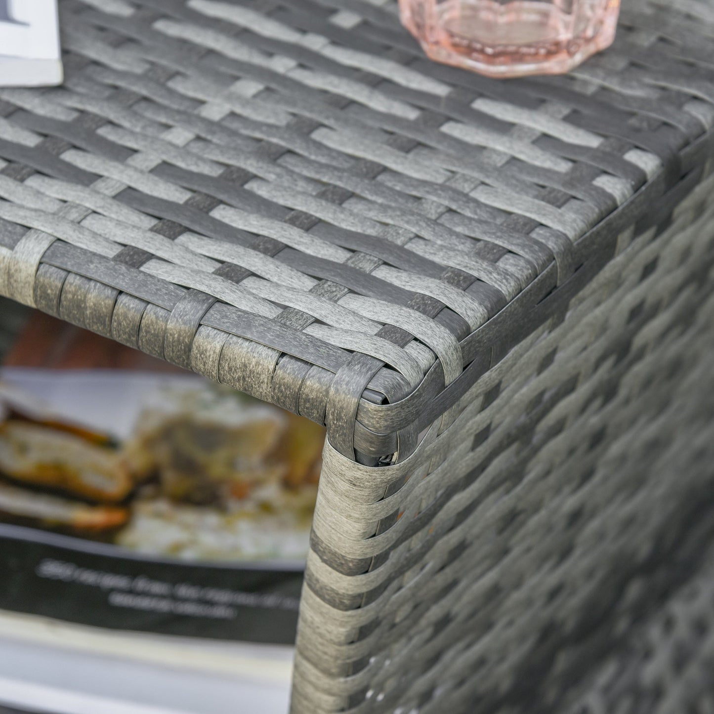 Rattan Outdoor Coffee Table, Wicker Garden Patio Bistro Side Table with Umbrella Hole and Storage Space for Balcony, Porch, Grey